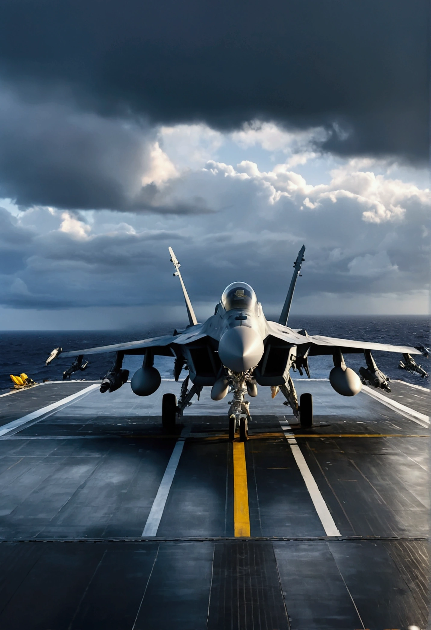 8k Quality, High-definition realism, the flight deck of an aircraft carrier, the F-18 fighter attack aircraft preparing to take off, the aircraft is blue camouflage, equipped with full-spec weapons, the weather on the ocean is dark and storm clouds can be seen in the distance, the camera focuses on the aircraft about to take off.