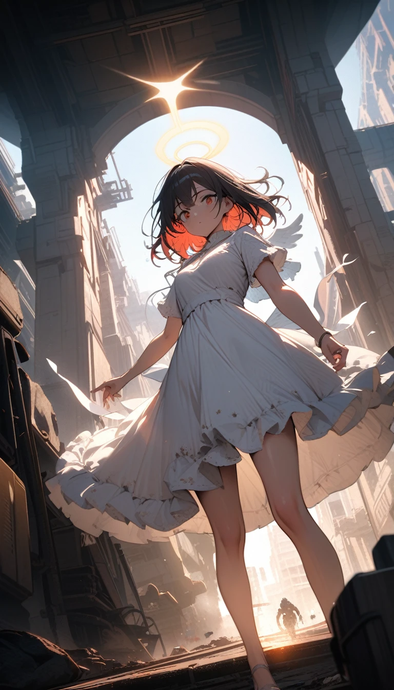 ((best quality)) , ((masterpiece)) , (detailed),Color splash, Ghostly Astronaut (Li Gong:1.3) , wearing Shabby Chic Wrap dress, has metallic plating, Colored hair, Fossil fuel power station in background,((((sunlight),(angel),dynamic angle, floating, wing, halo, floating white silk,(Holy Light),silver stars)))