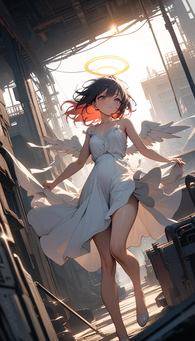 ((best quality)) , ((masterpiece)) , (detailed)，Color splash, Ghostly Astronaut (Li Gong:1.3) , wearing Shabby Chic Wrap dress, has metallic plating, Colored hair, Fossil fuel power station in background,((((sunlight),(angel),dynamic angle, floating, wing, halo, floating white silk,(Holy Light),silver stars)))
