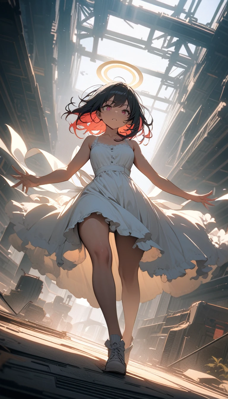 ((best quality)) , ((masterpiece)) , (detailed)，Color splash, Ghostly Astronaut (Li Gong:1.3) , wearing Shabby Chic Wrap dress, has metallic plating, Colored hair, Fossil fuel power station in background,((((sunlight),(angel),dynamic angle, floating, wing, halo, floating white silk,(Holy Light),silver stars)))