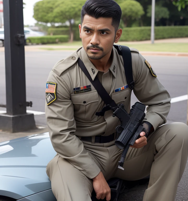 40 years old,One Man,Gray military uniform,Daytime parking lot、Sit with your legs wide open、The crotch area is bulging、Hold a gun,logic,Gay ,Very Short Hair,Stubble,Sri Lankan face。Cool handsome guy、Combatant　Fighting spirit