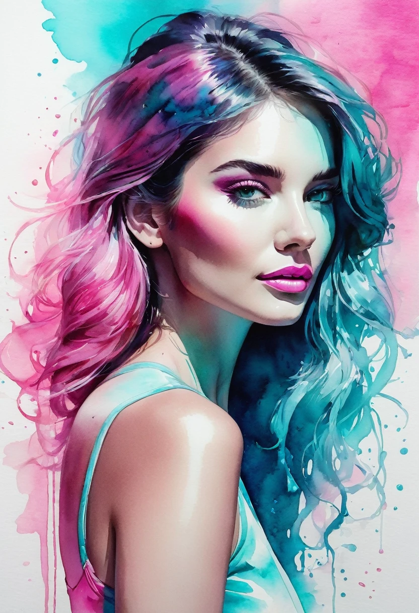 watercolor painting of a beautiful woman in a neon, High detail, portrait, light studio, colorful, high precision, strong, classic, water color ink, pink and turquoise, ultra clear