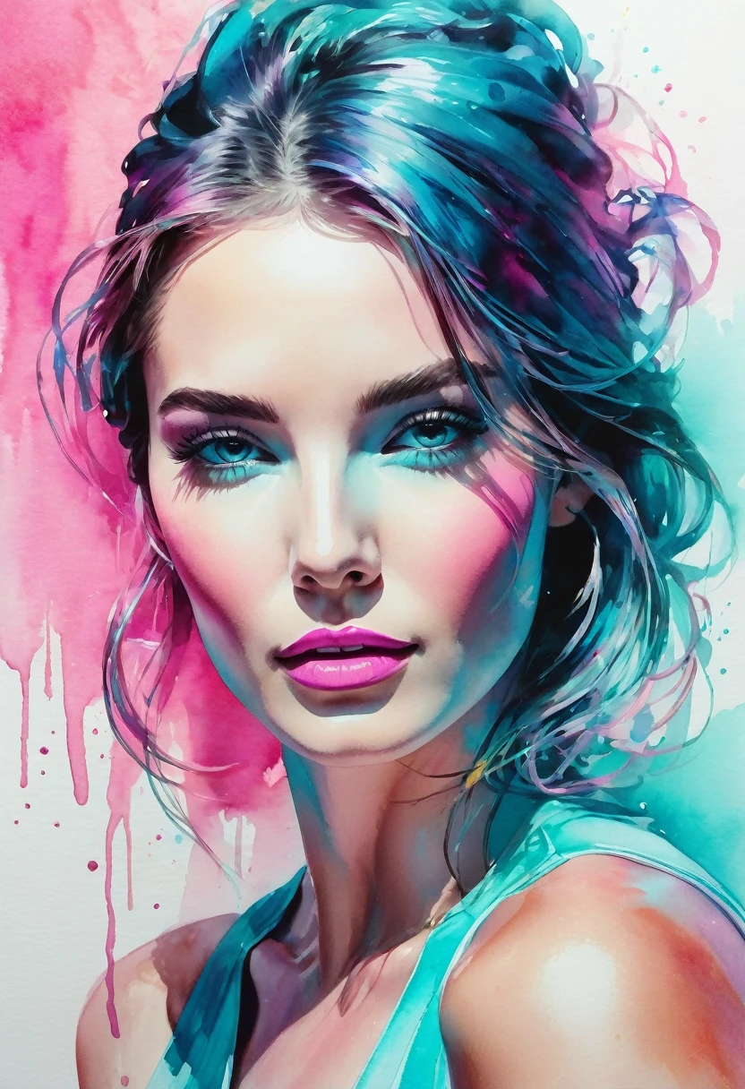 watercolor painting of a beautiful woman in a neon, High detail, portrait, light studio, colorful, high precision, strong, classic, water color ink, pink and turquoise, ultra clear