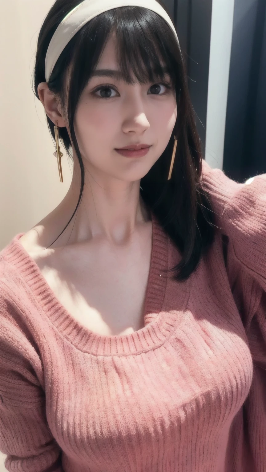 hight resolution、​masterpiece、1girl in、Bjorf、A dark-haired、short hair with long locks、white hairband、Look up、Kamimei、bending forward、smile、Bring your face closer、Red Eyes、Gold Earrings、Jewelry、off shoulders、Red Sweater、long-sleeve, big breast.