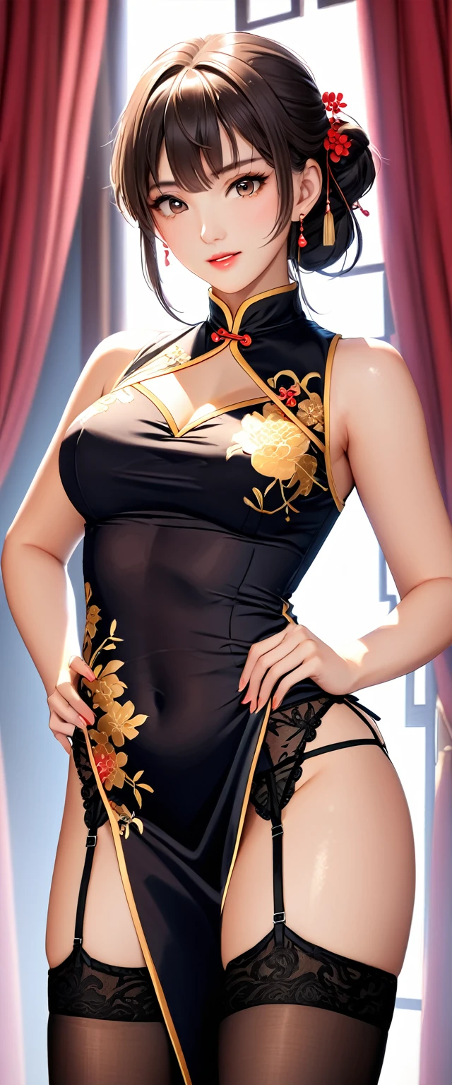 High resolution, Adult female , Good lighting, manly, , (No nudity), (((China dress))), (()), ((())), (garter belt), Abdominal area only, (),  ,  Cute Face, I&#39;blush with embarrassment, Humiliating, ((Recall)), ((See through))()(String)(There&#39;s a lot of stuff on the body,)、On the bed、Feels good