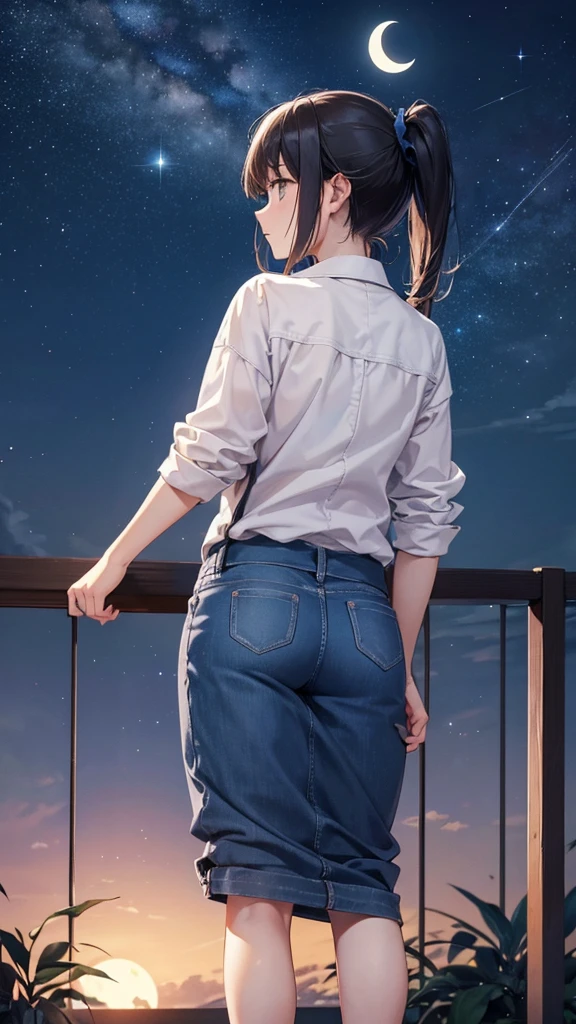 The majestic night sky with the moon hanging above. A cute woman in casual clothes stands with her back to us, gazing up at the night sky.