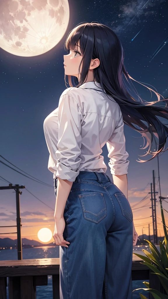 The majestic night sky with the moon hanging above. A cute woman in casual clothes stands with her back to us, gazing up at the night sky.
