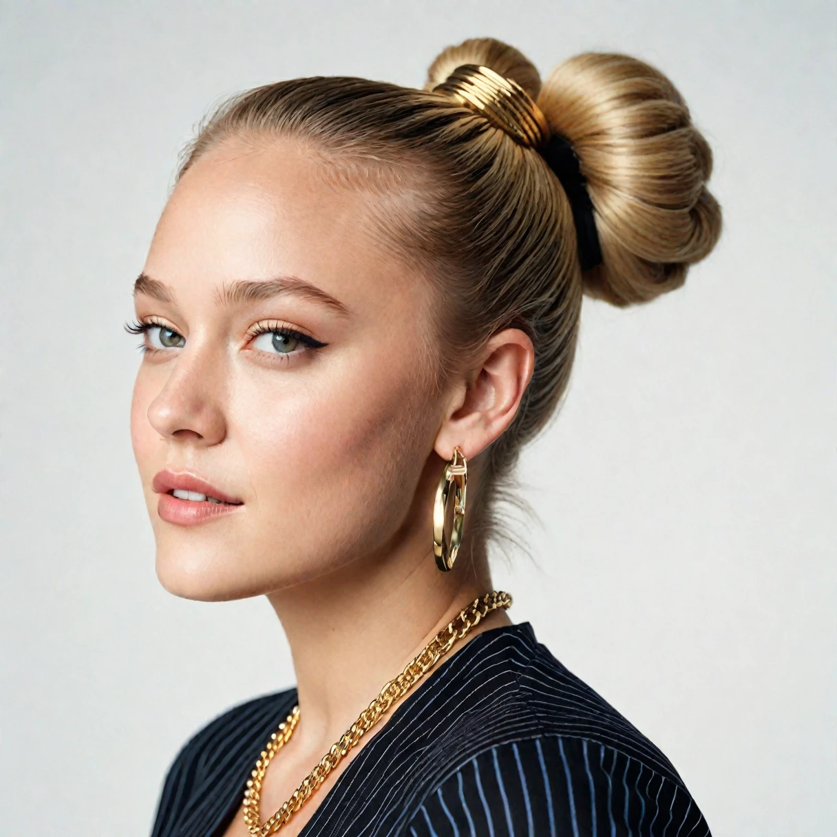 cinematic photo arafed woman with a gold chain necklace and a black shirt, maika monroe batgirl, slicked back hair, white background , unique non conventional beauty, topknot, wearing stripe shirt, photo 2 0 1 0, dating app icon, hands in her hair. side-view, bluejay, gorgeous young model, still photo, with white, lipstick  smiling cinematic  photorealistic, 8k uhd natural lighting, raw, rich, intricate details, key visual, atmospheric lighting, 35mm photograph, film, bokeh, professional, 4k, highly detailed . 35mm photograph, film, bokeh, professional, 4k, highly detailed