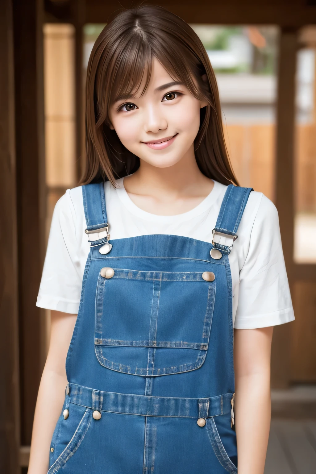 One girl, High resolution, Shortcuts, Brown Hair, Simple Background, Background blur, High resolution, chest, smile, Japanese,18-year-old,beautiful girl,Overalls