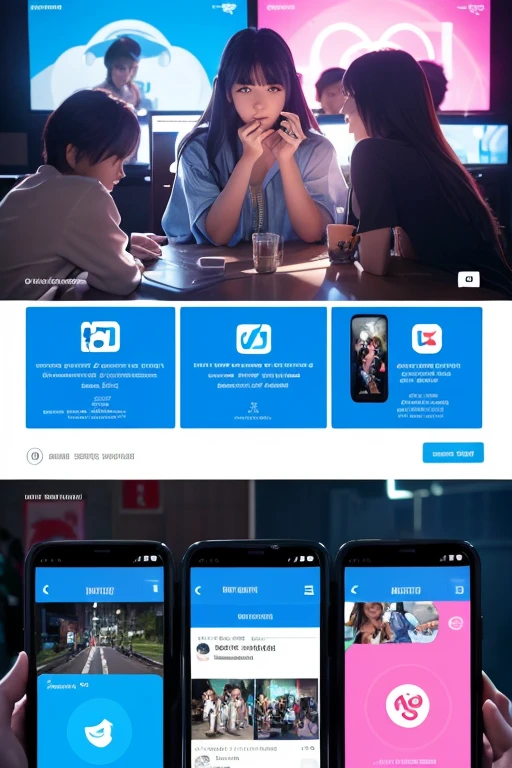 logo
「モダンでミニマリストなlogoデザイン。The colour is bright blue and white、Includes icons representing music and video。」
User interface
「Intuitive and clean UI design。A unified video streaming and music player interface。Mobile friendly、Social networking features integrated。」
Promotional visuals
「Promotional visual depicting young people having fun。In light shades、Emphasizing highly engaging social media experiences。Capture the moment when watching videos or listening to music。」