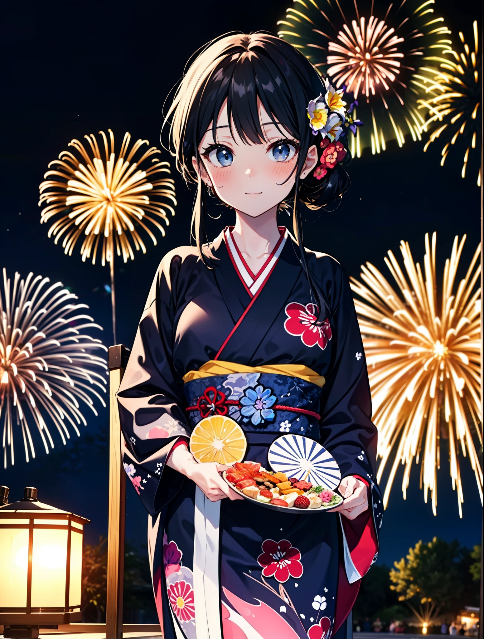 mioakiyama, My Akiyama, Long Hair, bangs, Black Hair, (Iris:1.3), Hime cut,blush,smile,hair tied back,Flower Hair Ornaments,Black yukata,Japanese Festivals，Summer festival food stalls、Red lantern,Fireworks in the night sky,Fireworks,The place is a fireworks display,Time is night,sunny day,whole bodyがイラストに入るように
break outdoors, shrine,
break looking at viewer, whole body,(Cowboy Shot:1.5),
break (masterpiece:1.2), Highest quality, High resolution, unity 8k wallpaper, (figure:0.8), (Beautiful attention to detail:1.6), Highly detailed face, Perfect lighting, Highly detailed CG, (Perfect hands, Perfect Anatomy),