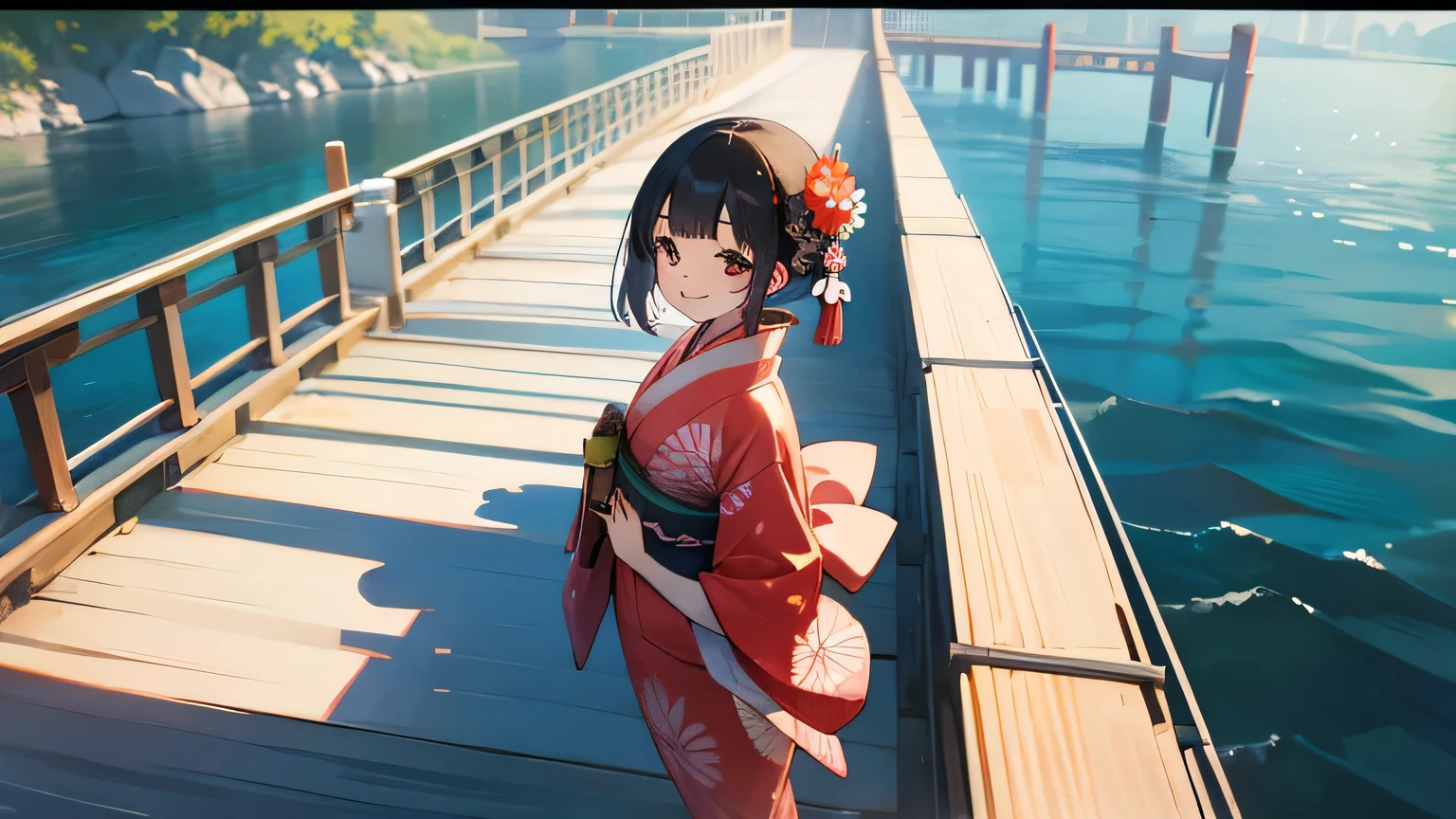 summer, kimono, smile,Japanese Girl, on the bridge,