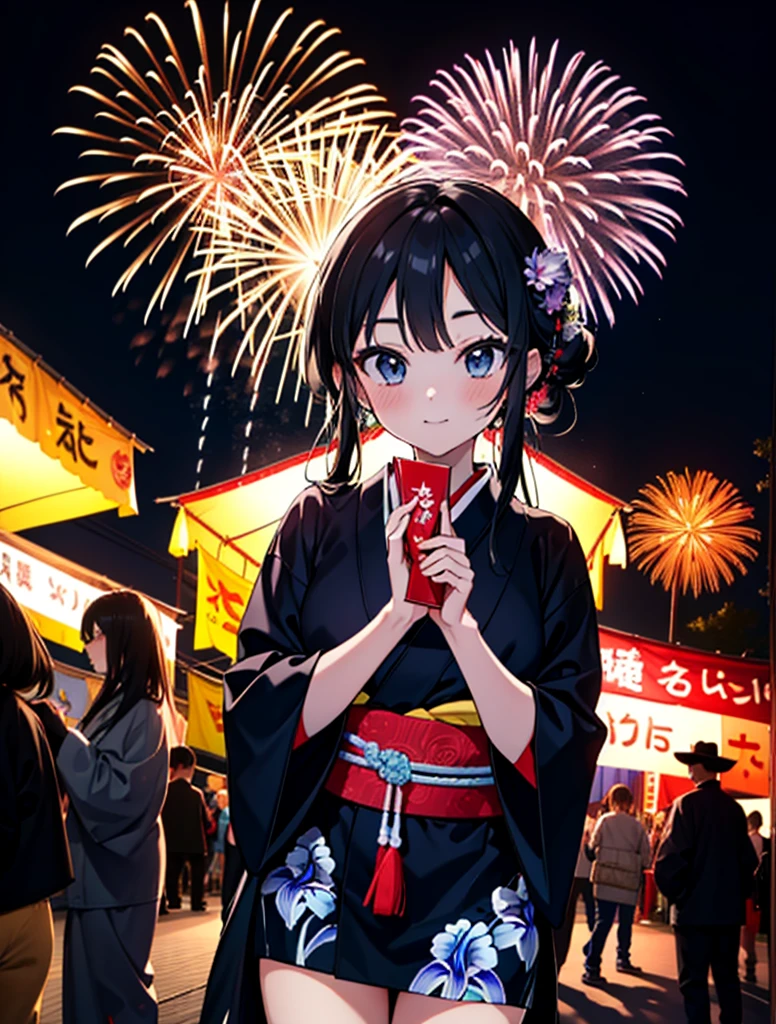 mioakiyama, My Akiyama, Long Hair, bangs, Black Hair, (Iris:1.3), Hime cut,blush,smile,hair tied back,Flower Hair Ornaments,Black yukata,Japanese Festivals，Summer festival food stalls、Red lantern,Fireworks in the night sky,Fireworks,The place is a fireworks display,Time is night,sunny day,whole bodyがイラストに入るように
break outdoors, shrine,
break looking at viewer, whole body,(Cowboy Shot:1.5),
break (masterpiece:1.2), Highest quality, High resolution, unity 8k wallpaper, (figure:0.8), (Beautiful attention to detail:1.6), Highly detailed face, Perfect lighting, Highly detailed CG, (Perfect hands, Perfect Anatomy),