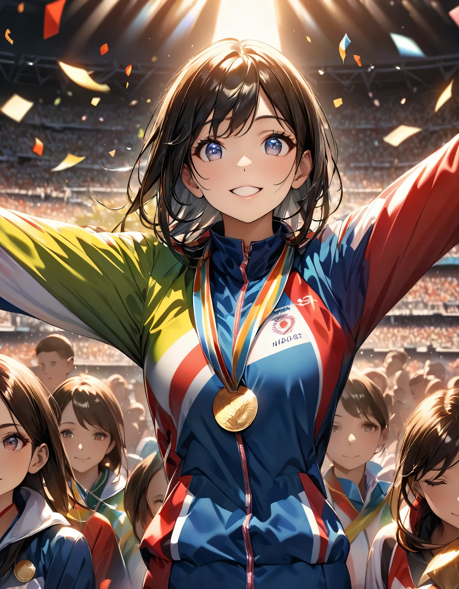 Gold Medal Winning Female Olympians, Expression of overjoy, Professionalism, Bright colors, Soft lighting, Expressive eyes, Detailed lips, Long eyelashes, Pleasant atmosphere, Players pose for joy, Colorful sportswear:1.1, Bust Shot, Dramatic lighting, Cinematic composition, Bright colors, Award ceremony, Podium, Crowd at the stadium, Cheering Spectators, Confetti, Dramatic shadows and highlights, Shining Medal, Seamless blending of elements, (Highest quality:1.2, Very detailed, up to date, Vibrant, Ultra-high resolution, High Contrast, masterpiece:1.2, Highest quality, Best aesthetics).