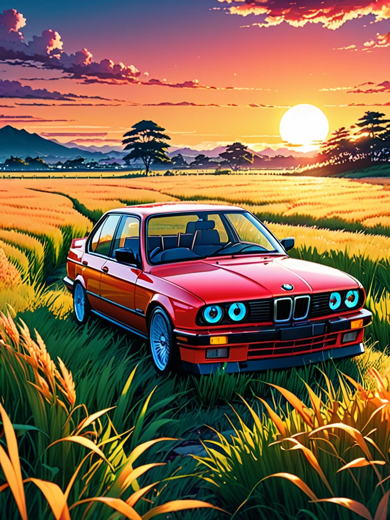 anime landscape of A pearl super sunny red classic 1993 BMW E30 318i sport sits in a field of tall grass with a sunset in the background.beautiful anime scene, beautiful anime peace scene, Makoto Shinkai Cyril Rolando, beautiful anime scene, amazing wallpaper, anime art wallpaper 8k, anime background, artistic anime background, anime wallpaper 4k, anime art 4k wallpaper, anime wallpaper art 4k,