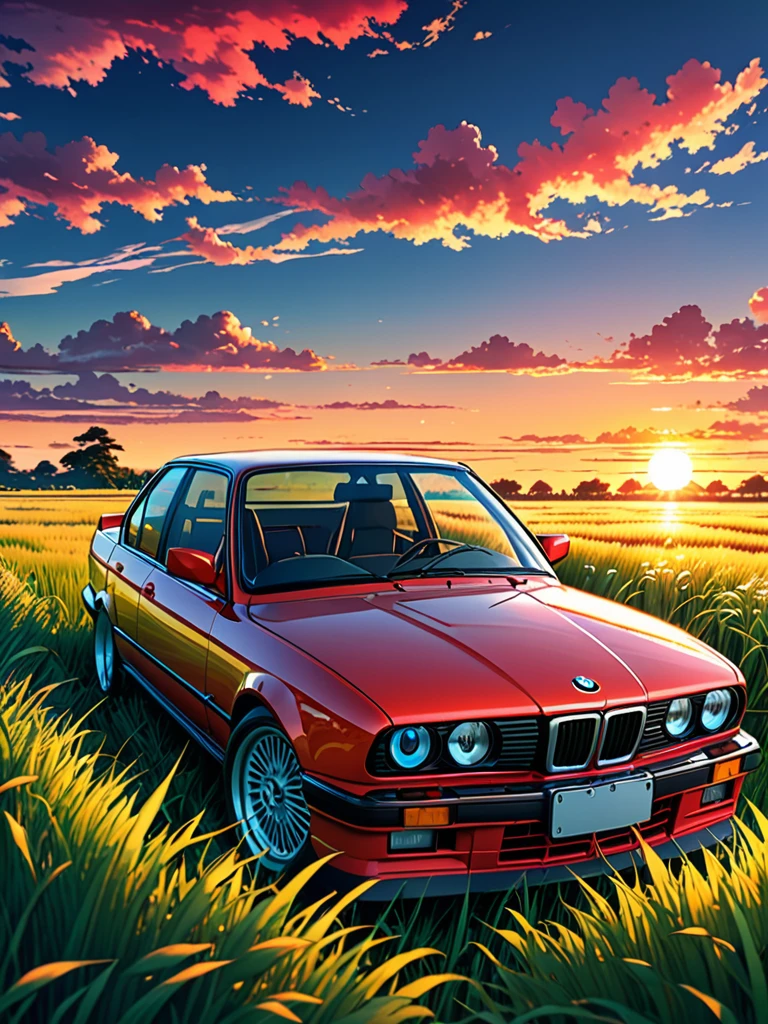 anime landscape of A pearl super sunny red classic 1993 BMW E30 318i sport sits in a field of tall grass with a sunset in the background.beautiful anime scene, beautiful anime peace scene, Makoto Shinkai Cyril Rolando, beautiful anime scene, amazing wallpaper, anime art wallpaper 8k, anime background, artistic anime background, anime wallpaper 4k, anime art 4k wallpaper, anime wallpaper art 4k,