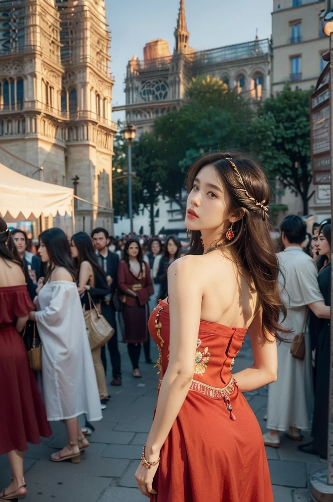 (((best quality))),(((ultra detailed))),(((masterpiece))),illustration,((1 beautiful girl,female Gypsy dancer,solo)),(shoulder length wavy bob hair:1.2),((slim,thin)),((strapless,bare back,towering hips,butt crack)),(detailed eyes:1.3),(Bohemian style embroidered red dress:1.5),(short sleeves:1.2),((earrings)),mystery,charm,(standing:1.3),(On the square outside Notre Dame Cathedral in Paris:1.5),(ancient Paris:1.2),traditional attire,vendors,fruits,handcrafted objects,pastries,bakeries,spire,Gothic architecture,sunlight,ethereal glow,busy cityscape,out of place,free spirit,creativity,lost in thoughts,dreams,possibilities,bygone era,snapshot,essence,magic of summer,(day scene:1.3),(outdoor:1.3),(surrounded by crowded crowds:1.3),((from back,upper body))