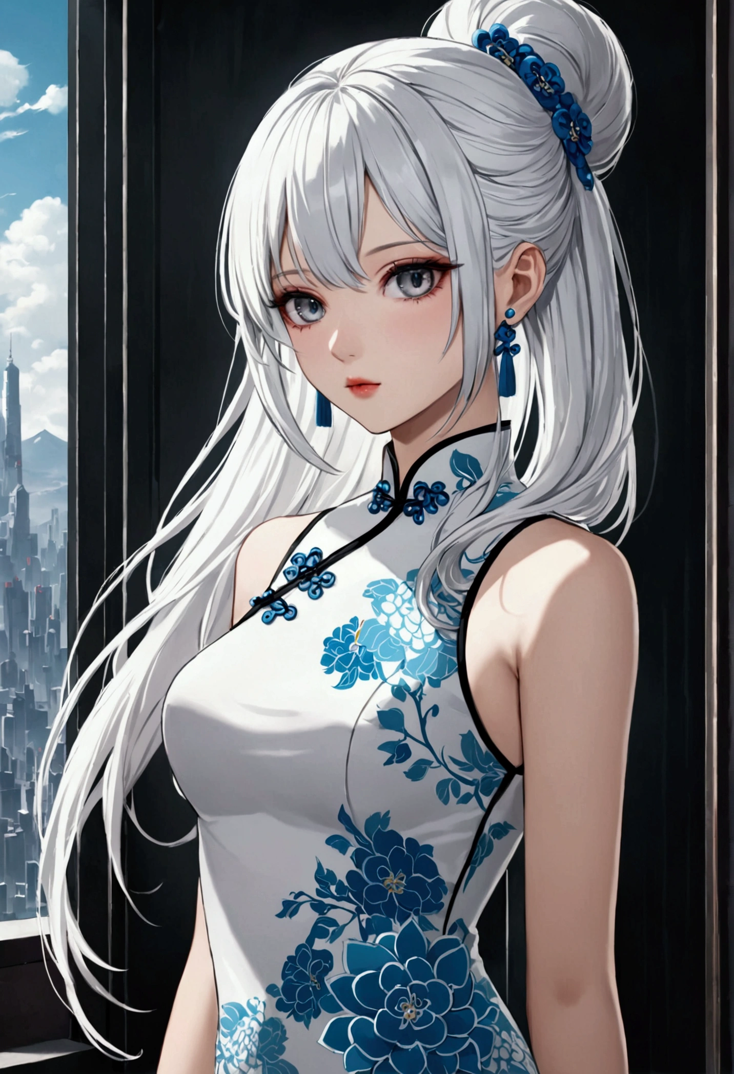 Long white hair , grey eyes, fair skin,qipao,detailed hair, detailed eyes,detailed body, best quality, high resolution, 8k