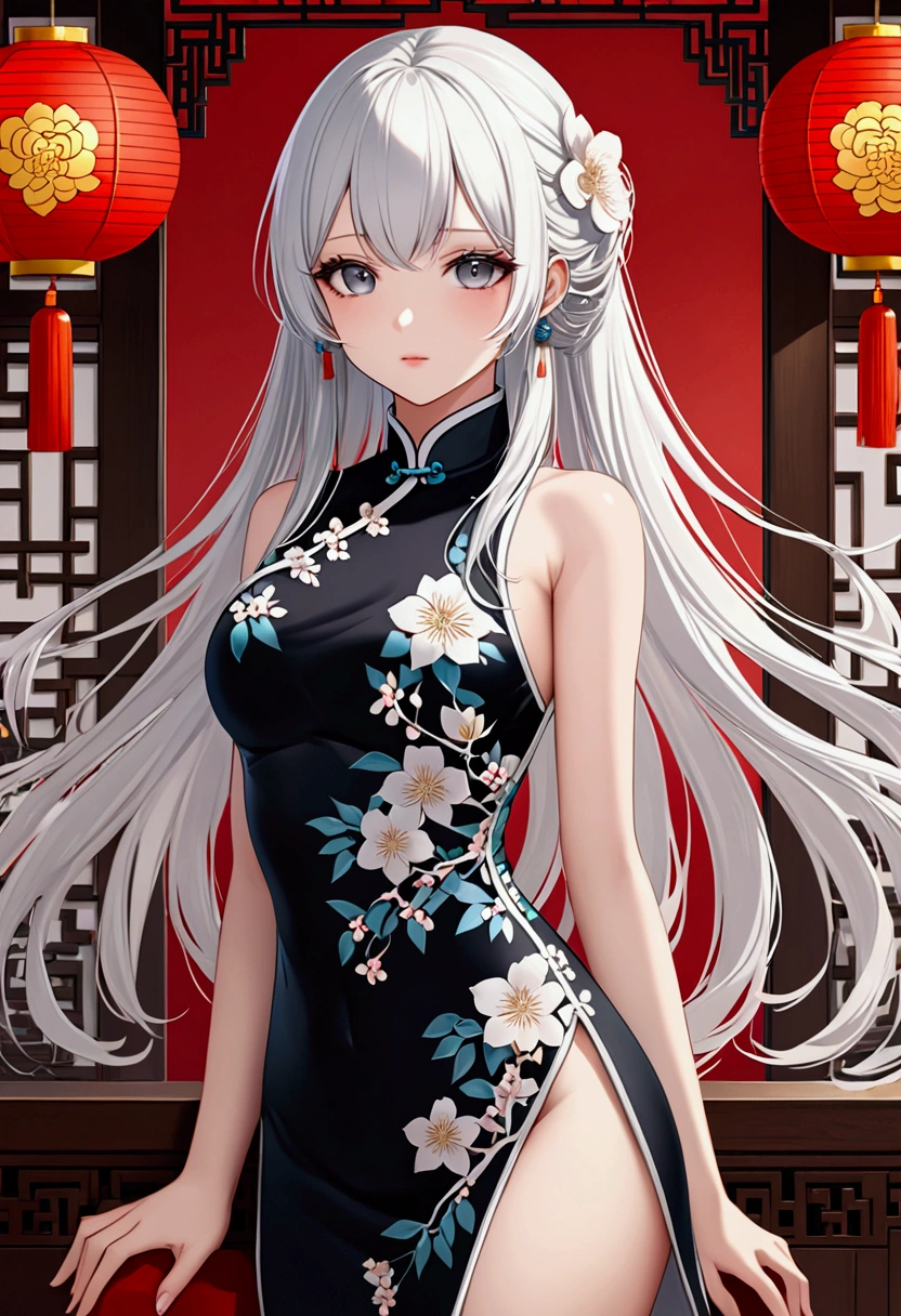 Long white hair , grey eyes, fair skin,qipao,detailed hair, detailed eyes,detailed body, best quality, high resolution, 8k