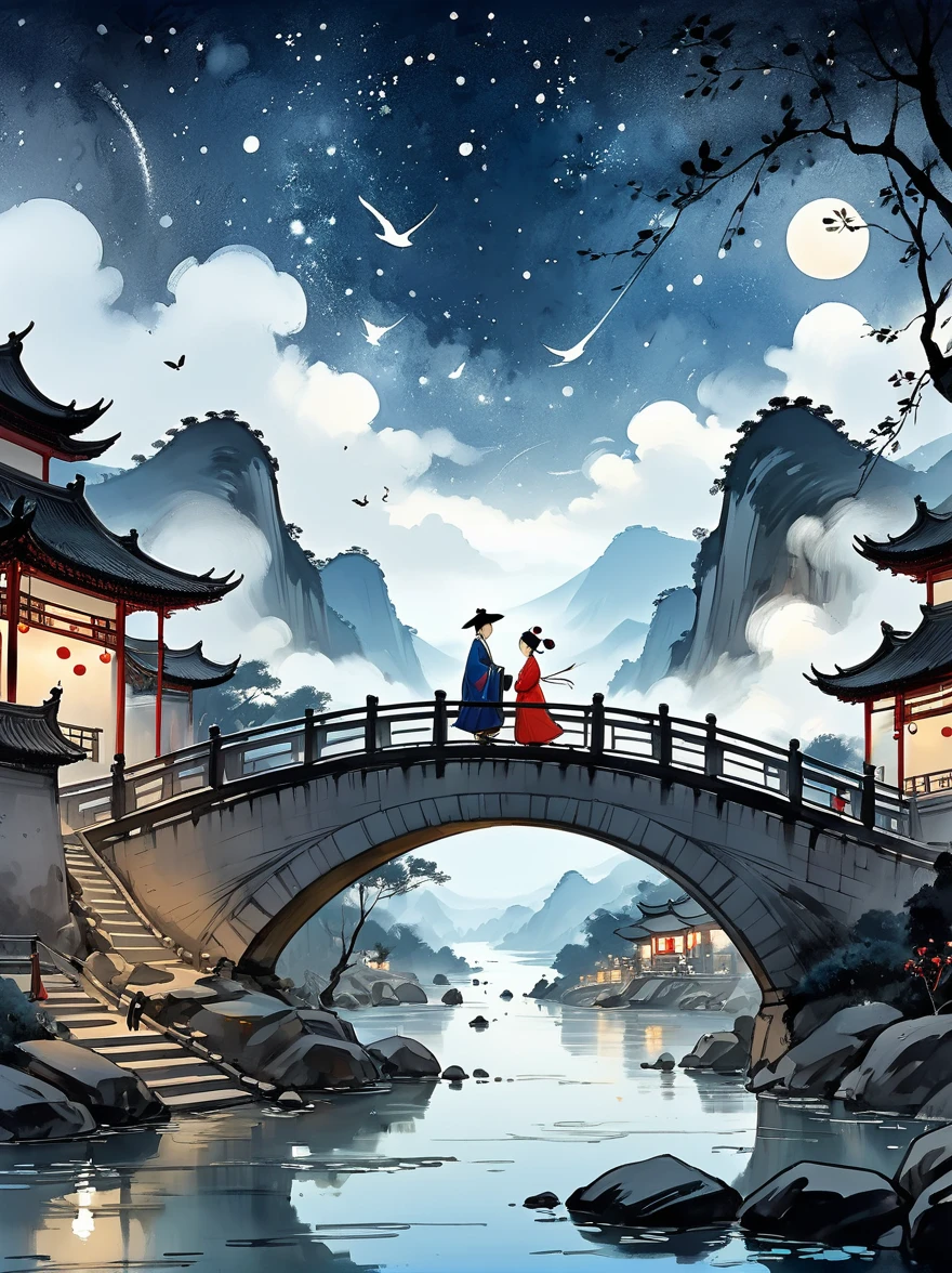 (n style of Wu Guanzhong:1.9), concept art ink wash painting of romantic Qixi Festival a chinese boy and girl in hanfu . love story of Weaver Girl and Cowherd, magpie bridge, and starry reunions . monochromatic, loose, fluid, expressive, delicate,colorful . digital artwork, illustrative, painterly, matte painting, highly detailed