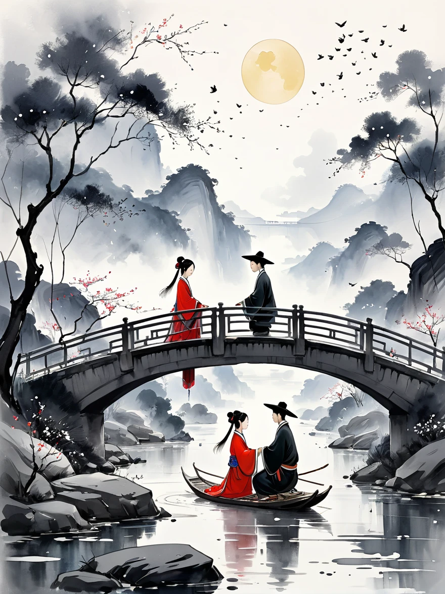 (n style of Wu Guanzhong:1.9), concept art ink wash painting of romantic Qixi Festival a chinese boy and girl in hanfu . love story of Weaver Girl and Cowherd, magpie bridge, and starry reunions . monochromatic, loose, fluid, expressive, delicate,colorful . digital artwork, illustrative, painterly, matte painting, highly detailed