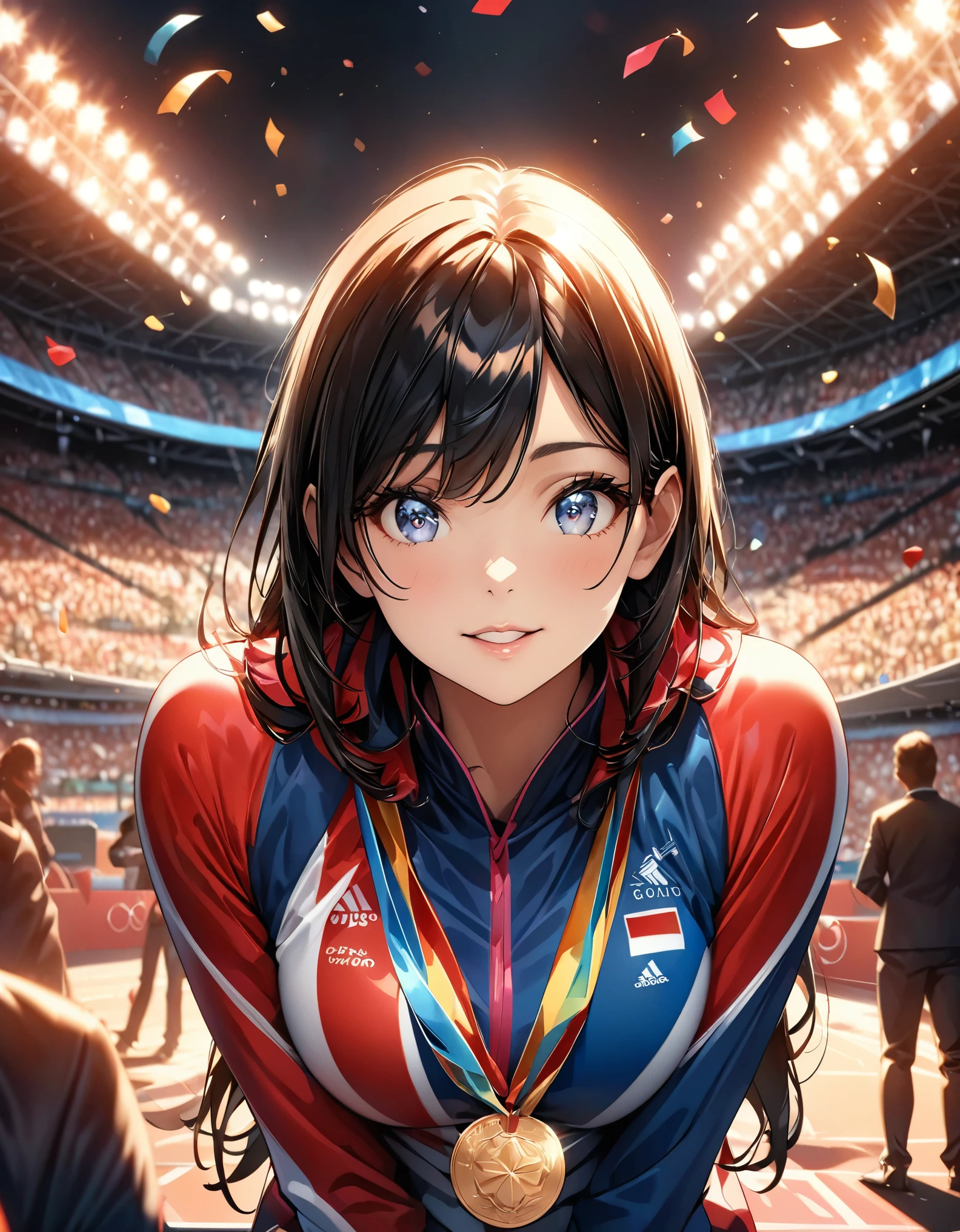 Gold Medal Winning Female Olympians, Expression of overjoy, Professionalism, Bright colors, Soft lighting, Expressive eyes, Detailed lips, Long eyelashes, Pleasant atmosphere, Players pose for joy, Colorful sportswear:1.1, Bust Shot, Dramatic lighting, Cinematic composition, Bright colors, Award ceremony, Podium, Crowd at the stadium, Cheering Spectators, Confetti, Dramatic shadows and highlights, Shining Medal, Seamless blending of elements, (Highest quality:1.2, Very detailed, up to date, Vibrant, Ultra-high resolution, High Contrast, masterpiece:1.2, Highest quality, Best aesthetics).