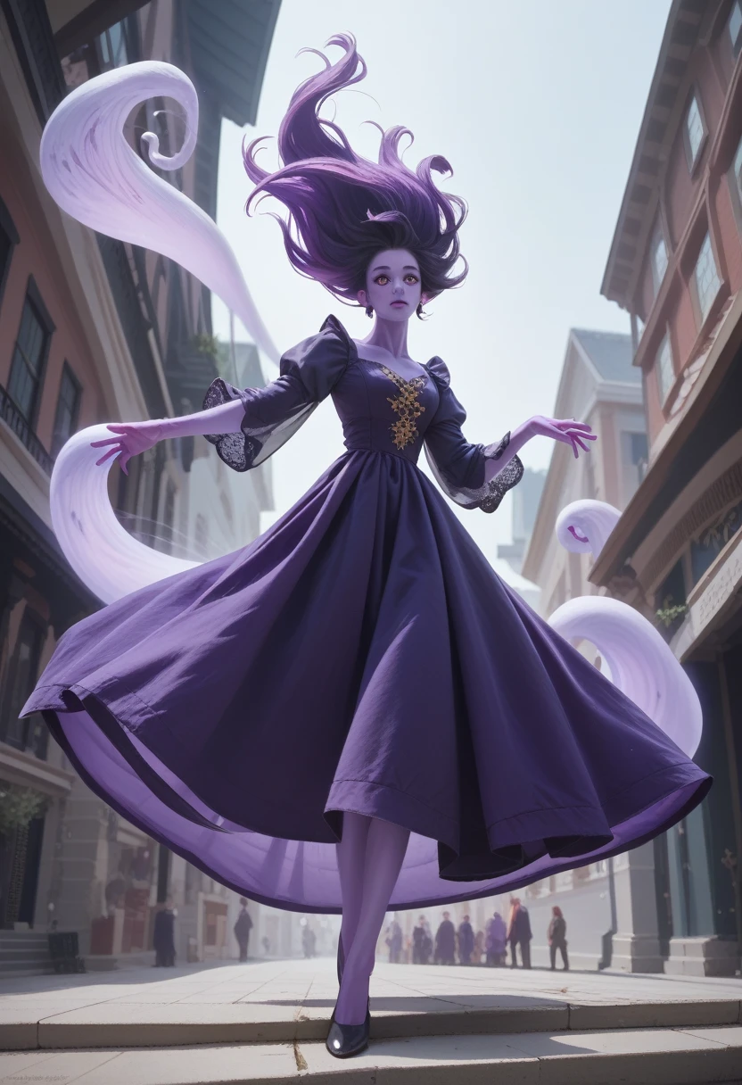 ghost, (Monster Girl), Purple Skin, peak, Purple Spiky Hair, Sudden laughter, Floating Hands, Wearing a dark purple dress, Floating in mid-air, masterpiece, best quality