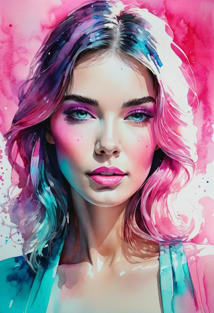 watercolor painting of a beautiful woman in a neon, High detail, portrait, light studio, colorful, high precision, strong, classic, water color ink, pink and turquoise, ultra clear
