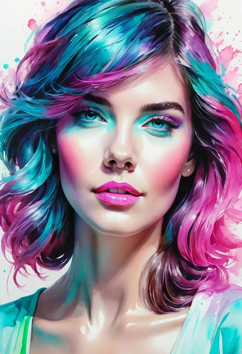 watercolor painting of a beautiful woman in a neon, High detail, portrait, light studio, colorful, high precision, strong, classic, water color ink, pink and turquoise, ultra clear