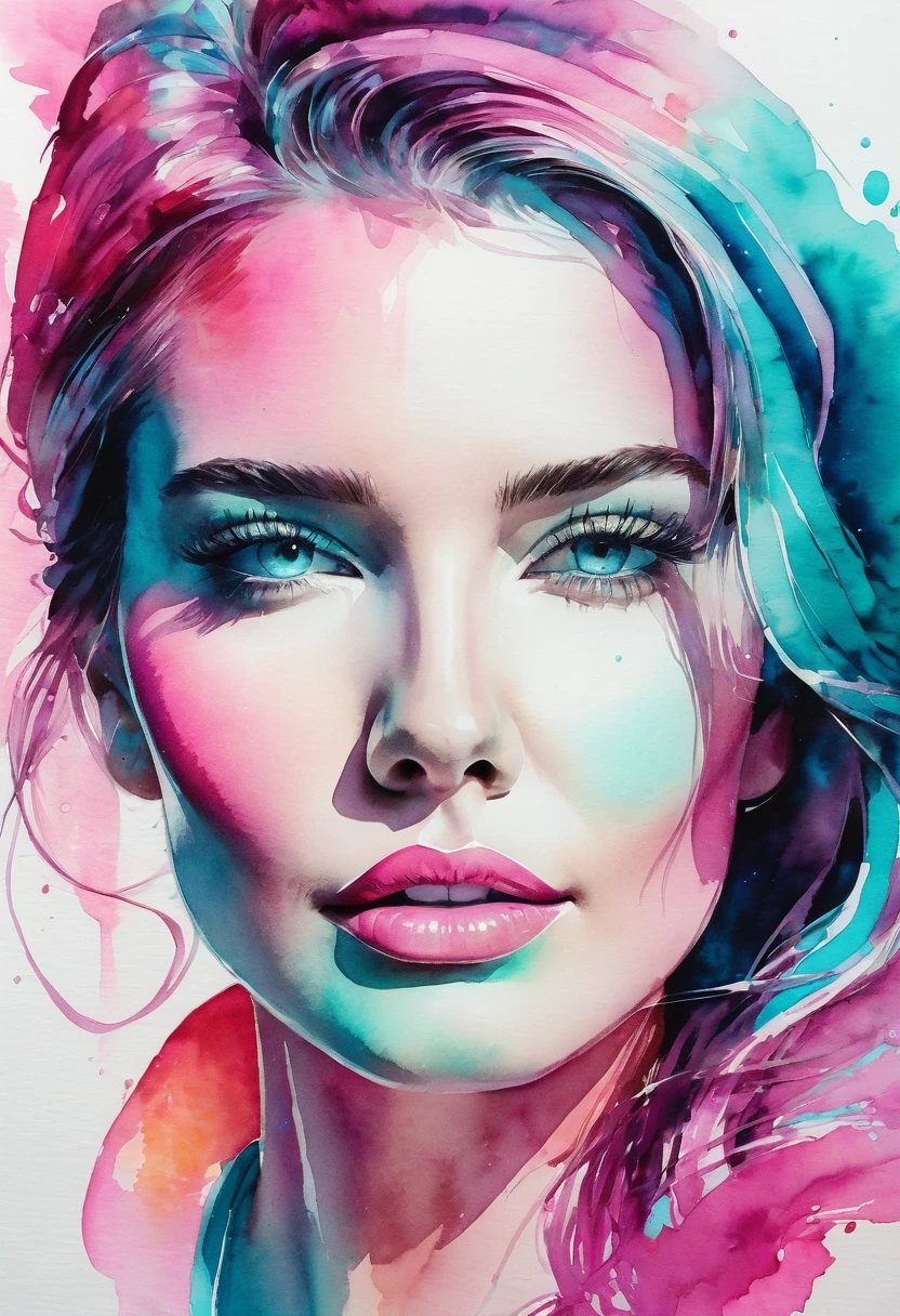 watercolor painting of a beautiful woman in a neon, High detail, portrait, light studio, colorful, high precision, strong, classic, water color ink, pink and turquoise, ultra clear