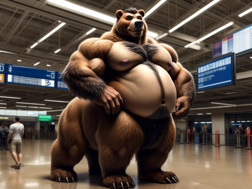 furry, fur taur, beartaur, human-like, anthro, middle-age, solo,1man, detailed face, bear ears, bear eyes(brown), bear nose(black), bear mouth, beard(grey), hair, mature hair(grey), detailed arm, thick arm, forearm hair, muscular, thick hands(5 fingers), thick claws, detailed body belly, thick body, muscle belly(white), thick chest, chest hair(white), nipples, detailed taur body, thick taur body, waist hair, thick bear paws, bear paws hair, thick bear claws, thick bear tail, full body shot, standing in the airport