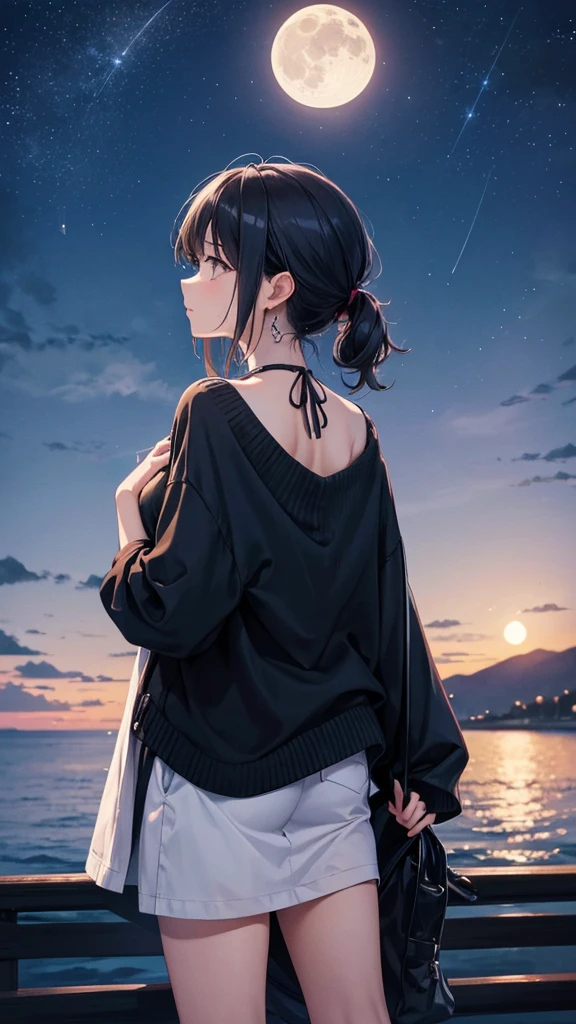 The majestic night sky with the moon hanging above. A woman in casual clothes stands with her back to us, gazing up at the night sky.