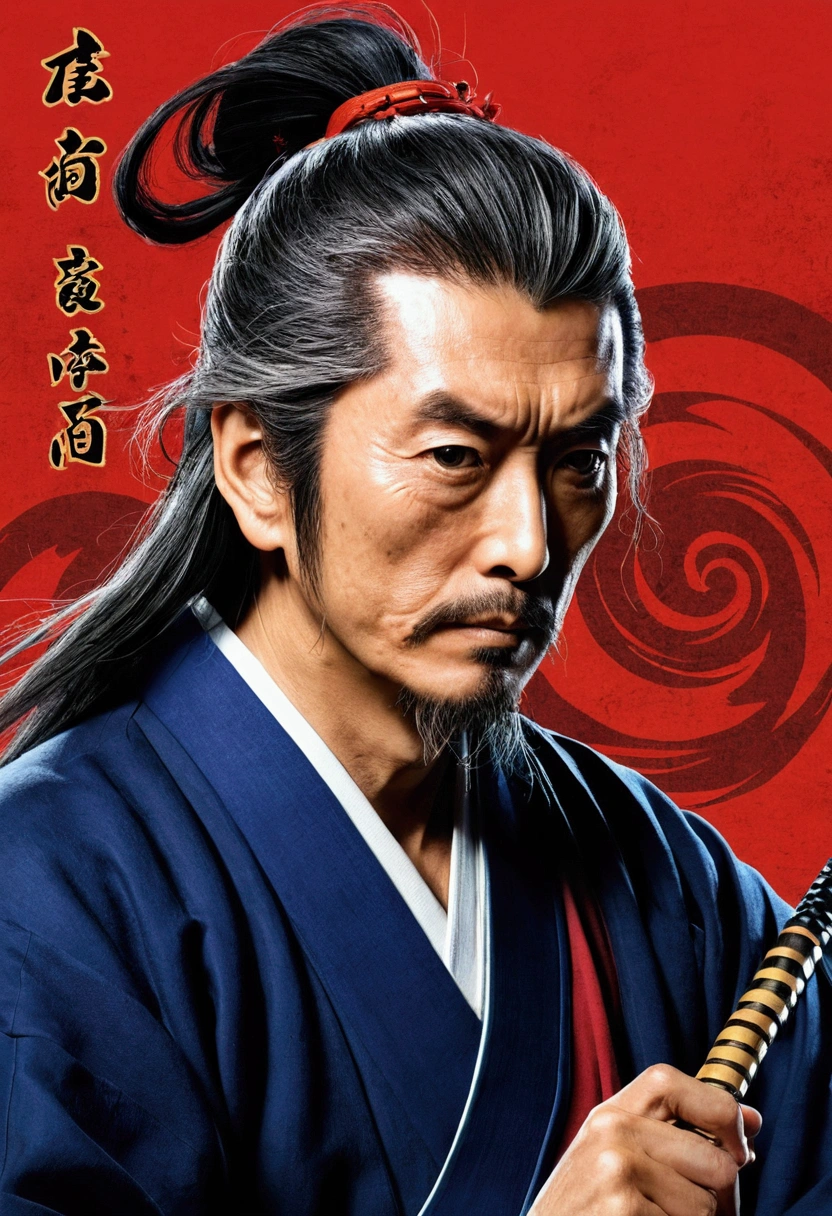 Portrait of Miyamoto Musashi。Around him、Illustrations from previous episodes are used as backgrounds.