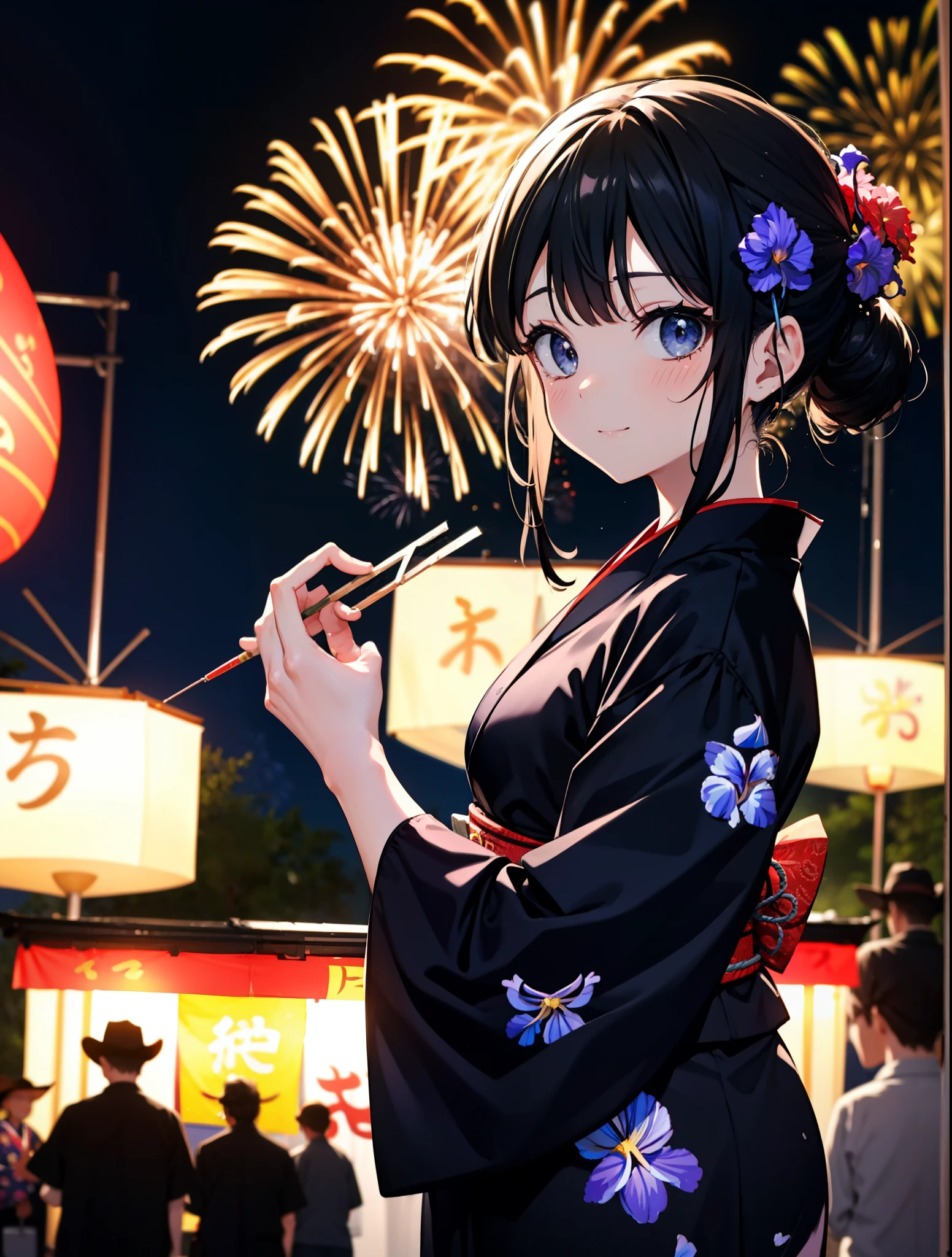 mioakiyama, My Akiyama, Long Hair, bangs, Black Hair, (Iris:1.3), Hime cut,blush,smile,hair tied back,Flower Hair Ornaments,Black yukata,Japanese Festivals，Summer festival food stalls、Red lantern,Fireworks in the night sky,Fireworks,The place is a fireworks display,Time is night,sunny day,whole bodyがイラストに入るように
break outdoors, shrine,
break looking at viewer, whole body,(Cowboy Shot:1.5),
break (masterpiece:1.2), Highest quality, High resolution, unity 8k wallpaper, (figure:0.8), (Beautiful attention to detail:1.6), Highly detailed face, Perfect lighting, Highly detailed CG, (Perfect hands, Perfect Anatomy),