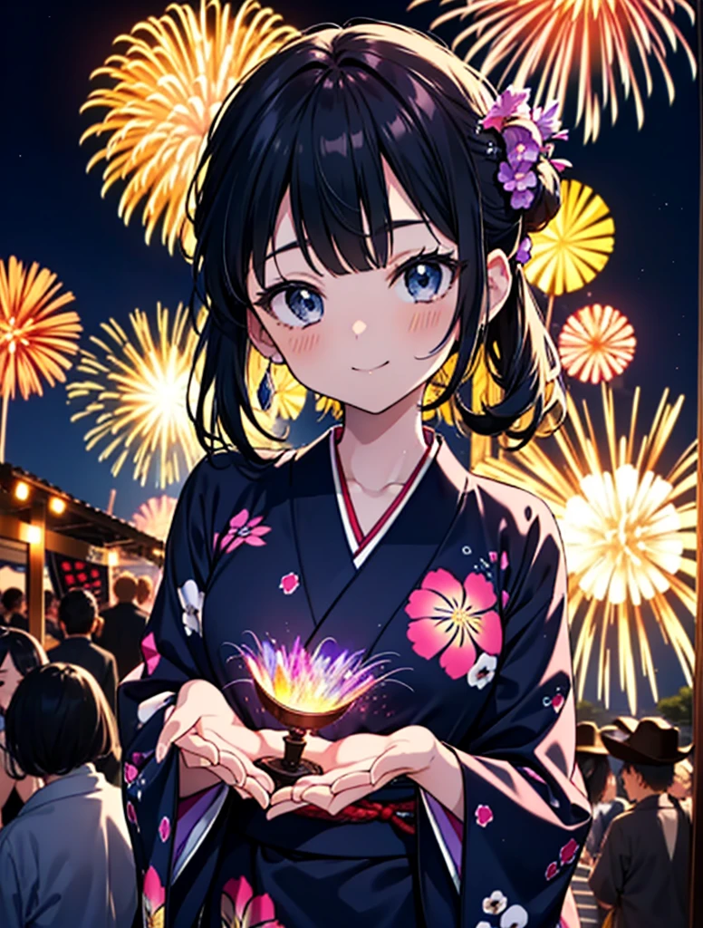 mioakiyama, My Akiyama, Long Hair, bangs, Black Hair, (Iris:1.3), Hime cut,blush,smile,hair tied back,Flower Hair Ornaments,Black yukata,Japanese Festivals，Summer festival food stalls、Red lantern,Fireworks in the night sky,Fireworks,The place is a fireworks display,Time is night,sunny day,whole bodyがイラストに入るように
break outdoors, shrine,
break looking at viewer, whole body,(Cowboy Shot:1.5),
break (masterpiece:1.2), Highest quality, High resolution, unity 8k wallpaper, (figure:0.8), (Beautiful attention to detail:1.6), Highly detailed face, Perfect lighting, Highly detailed CG, (Perfect hands, Perfect Anatomy),