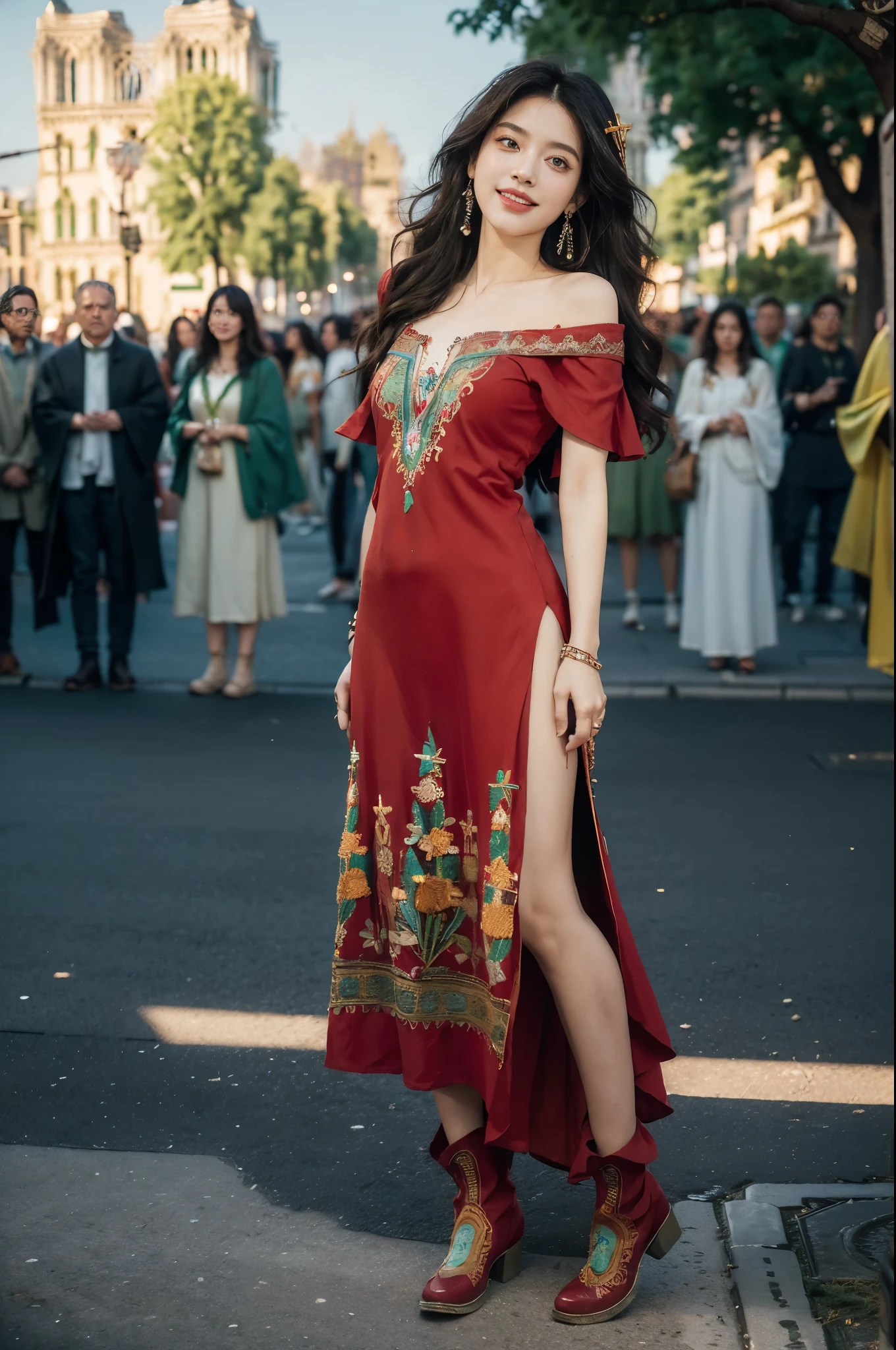 (((best quality))),(((ultra detailed))),(((masterpiece))),illustration,((1 beautiful girl,female Gypsy dancer,solo)),(shoulder length wavy bob hair:1.2),(laughing:1.3),((slim,thin)),((small breasts,flat chest)),(detailed eyes:1.3),(Bohemian style embroidered red dress:1.5),(short sleeves:1.2),((earrings)),mystery,charm,(standing:1.3),(arms behind back:1.3),(slender legs:1.2),(boots:1.3),(On the square outside Notre Dame Cathedral in Paris:1.5),(ancient Paris:1.2),traditional attire,vendors,fruits,handcrafted objects,pastries,bakeries,spire,Gothic architecture,sunlight,ethereal glow,busy cityscape,out of place,free spirit,creativity,lost in thoughts,dreams,possibilities,bygone era,snapshot,essence,magic of summer,(day scene:1.3),(outdoor:1.3),(surrounded by crowded crowds:1.3),((from front,full body))