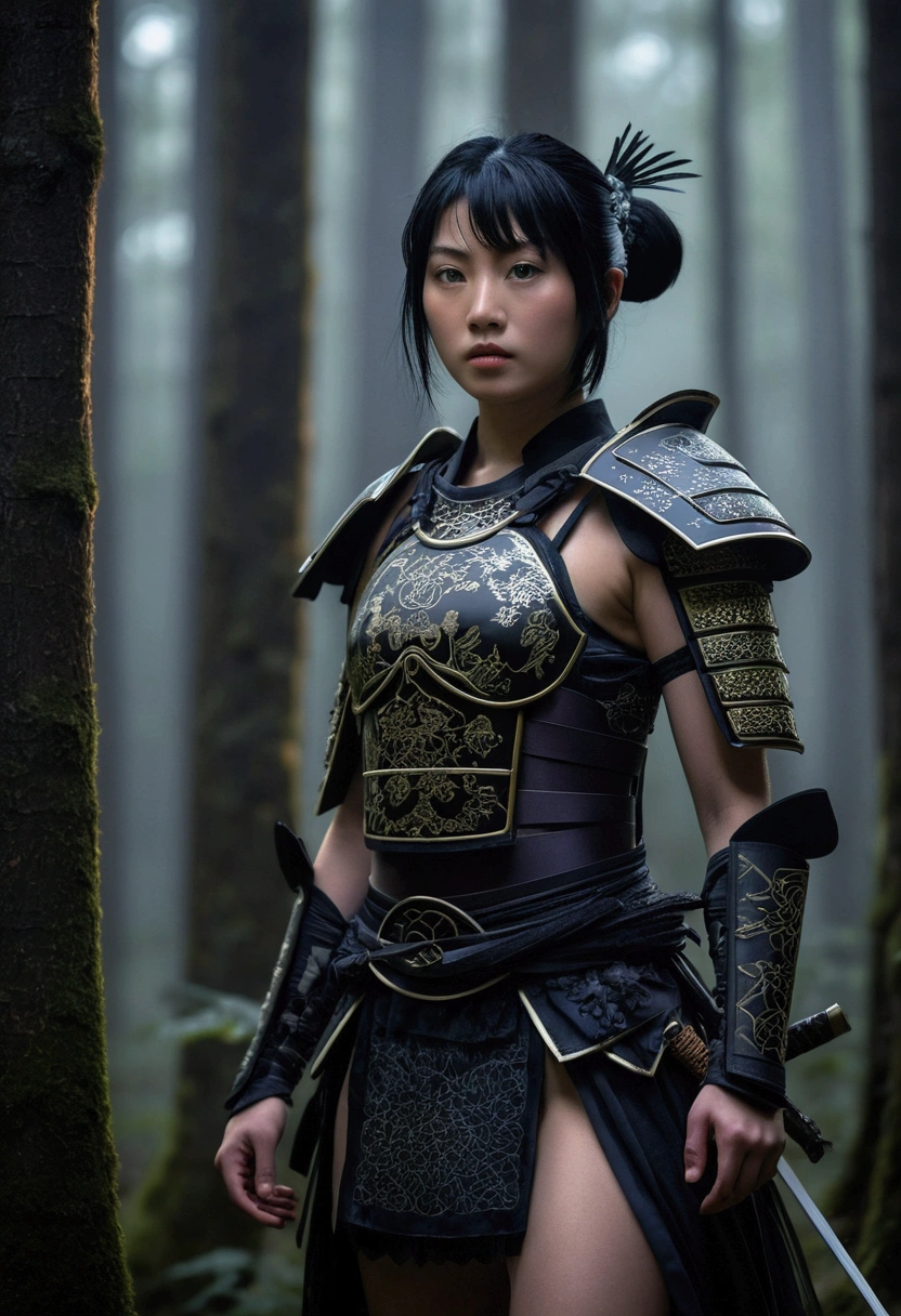 A dark, misty forest at dusk, the only light coming from flickering lanterns casting long shadows. A lone samurai girl, adorned in intricately designed armor and matching lingerie, stands confidently with short, raven-black hair framing her determined face. The camera's 16k sensor captures every detail of her warrior spirit.