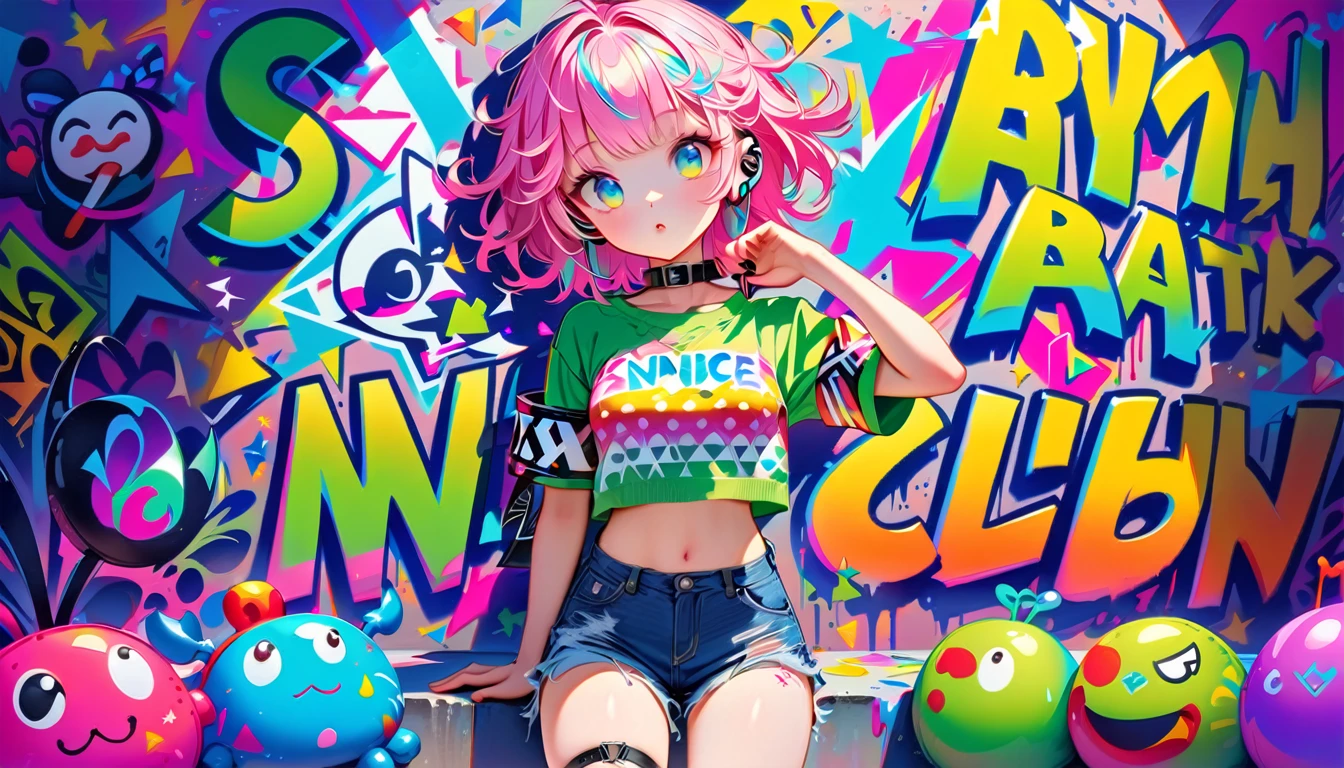 Style 5,Style 7,masterpiece, Highest quality, 1. No Gender, alone, Crop top, Denim shorts, collar, (graffiti:1.5), Paint splashes, Place your arms behind your back, Against the wall, Looking at the audience, Armband, Thigh straps, Apply to the body, Tilt your head, boring, Colorful Hair, Aqua Eye, earphone,Slim, genderless anime characters,Wear a sweater,Pink polka dot bubble design, Blue and green pants, Psychological, Cool pose, Left Crab Arm, Nice, Cool way to sit, Pink short messy hair, Abstract Triangle, Clown atmosphere