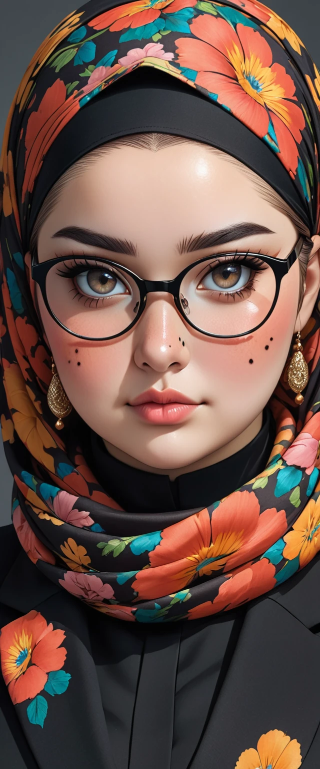 Fat girl in black suit with sharp facial features, a birthmark on her left cheek, wears a hijab and glasses