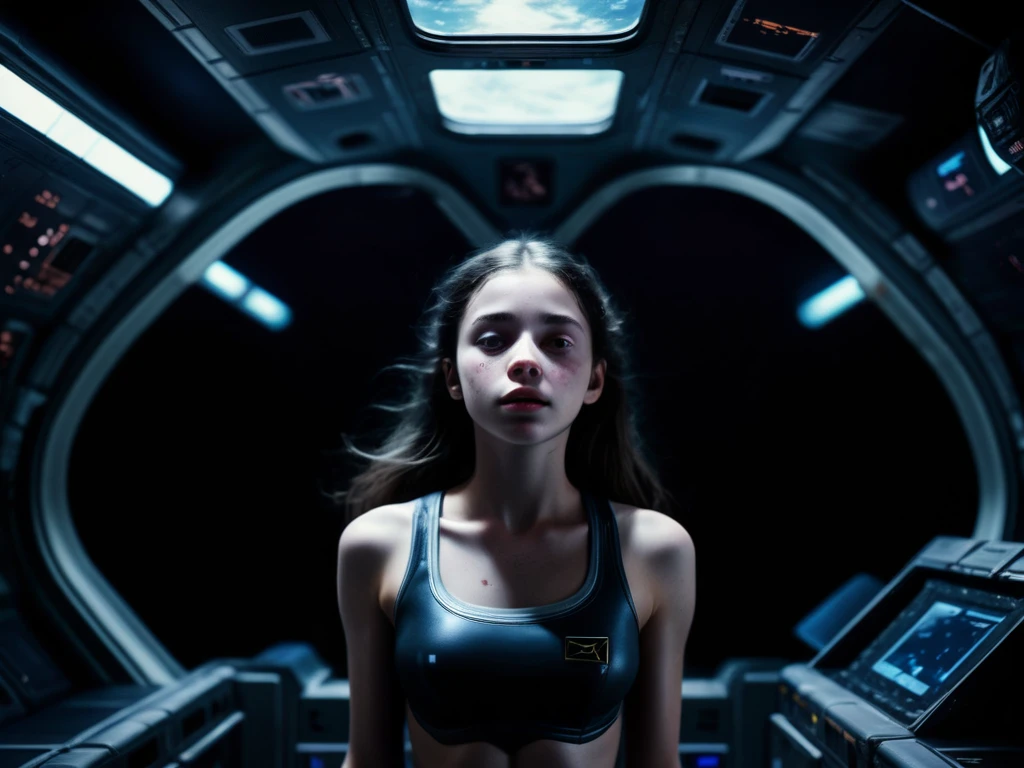 (Very dark flash photography:1) Upper body shot of a girl floating in a dark space station at night, Black background, It's dim, Backlight, Soft lighting, Thin fabric dress, No sleeve, Simple white dress, Shortcuts, Short Bob, C cup breasts,