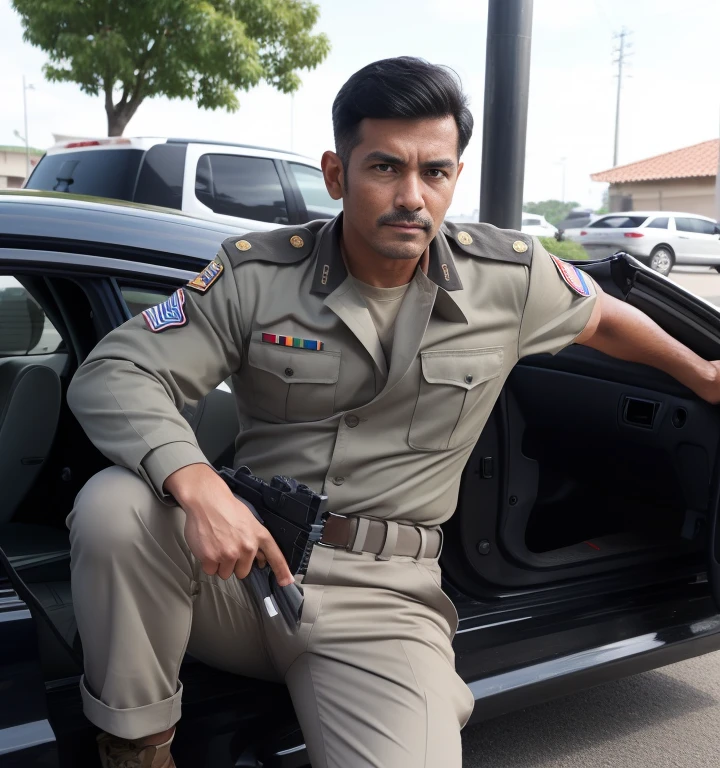40 years old,One Man,Gray military uniform,Daytime parking lot、Sit with your legs wide open、The crotch area is bulging、Hold a gun,logic,Gay ,Very Short Hair,Stubble,Sri Lankan face。Cool handsome guy、Combatant　Fighting spirit