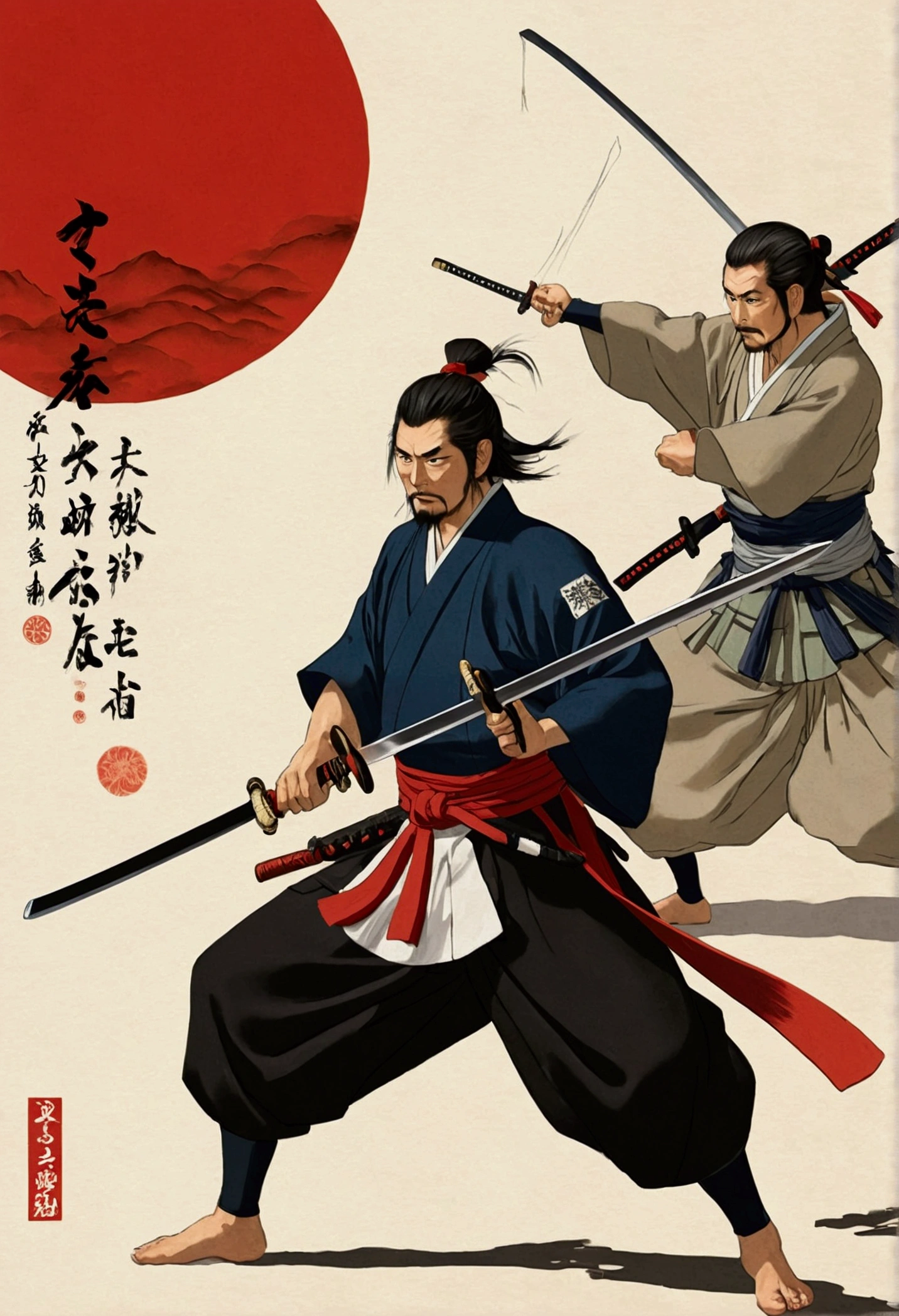 A scene symbolizing Musashi's multifaceted life。Swordsmanship、Painting、An illustration of the fusion of the three elements of tactics