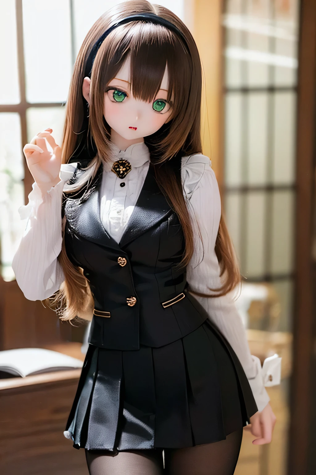 (SFW:2), photorealistic, realistic photo, 8k, ((highest quality)), ((masterpiece)), (extremely detailed), kukolnydom, doll, (mature woman, 21yo, 21 years old, solo:1.6), ((cowboy shot, stylish pose, slim, slender, skinny, medium breasts, hairband, ascot, vest, blouse, long puff sleeves, pleated skirt, black pantyhose)), (green eyes, brown hair, long hair, plastic skin, looking at another, glass eyes, gradient eyes, shining eyes, detailed eyes:1.3)