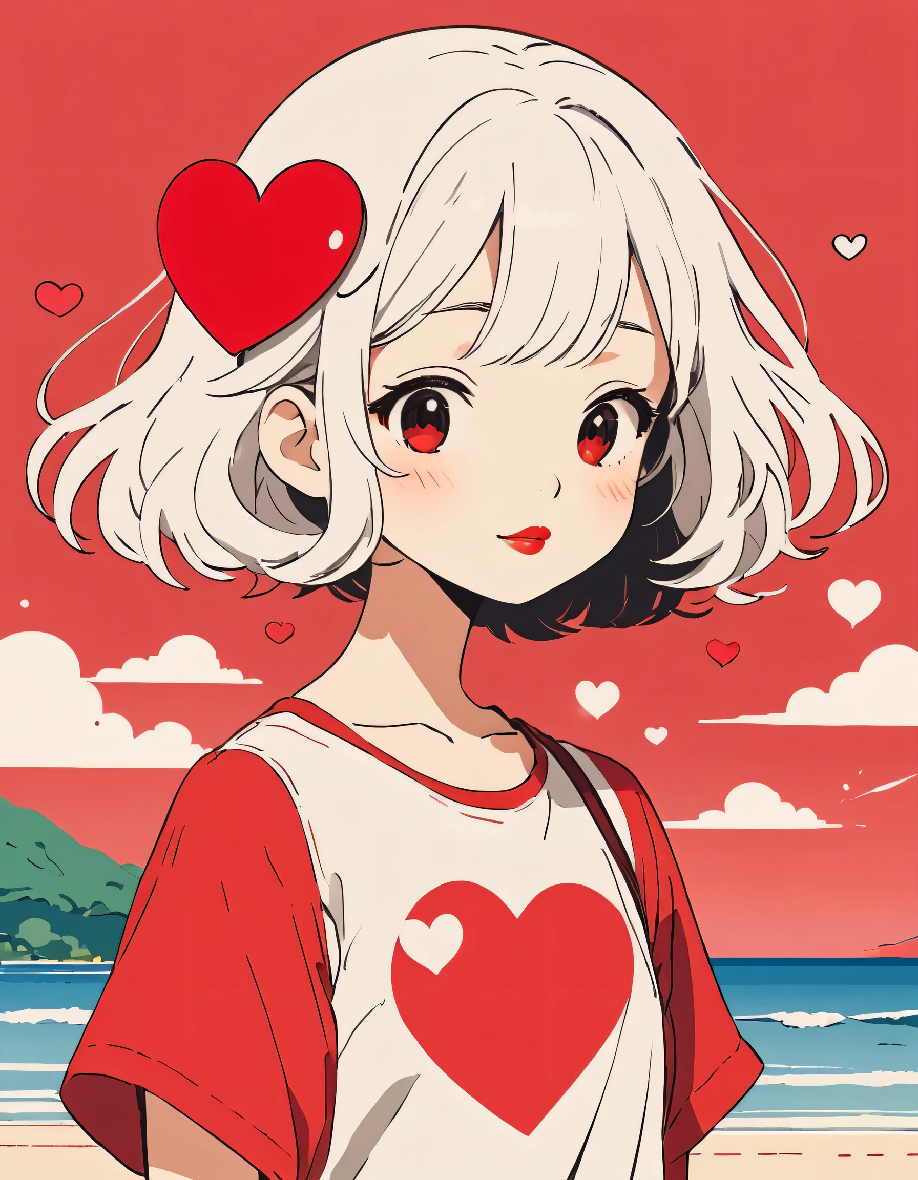 Hayao Miyazaki Red and White style, Simple Line Initialism，Abstract art，Urban Background, (((The most beautiful girl of all time))), Sweet face. Lips in love, colorful hearts, kawaii design, summer beach