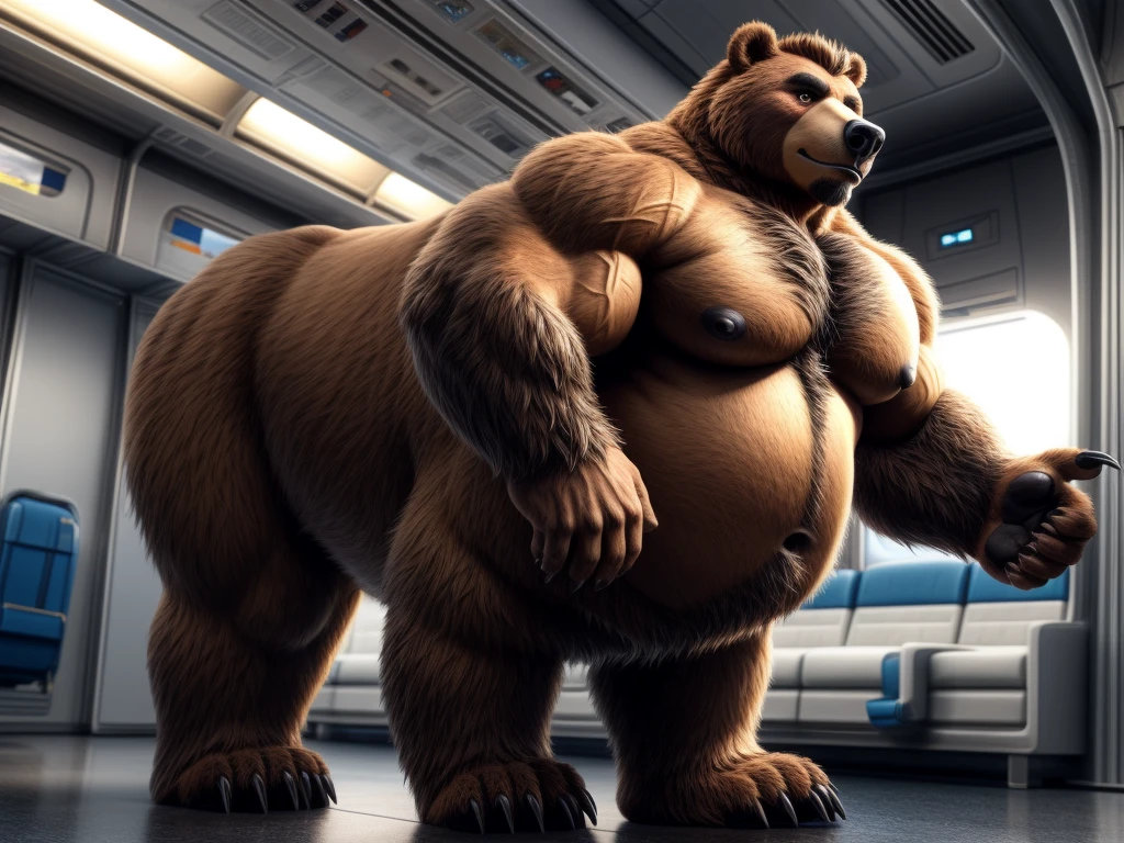 furry, fur taur, beartaur, human-like, anthro, middle-age, solo,1man, detailed face, bear ears, bear eyes(brown), bear nose(black), bear mouth, beard(grey), hair, mature hair(grey), detailed arm, thick arm, forearm hair, muscular, thick hands(5 fingers), thick claws, detailed body belly, thick body, muscle belly(white), thick chest, chest hair(white), nipples, detailed taur body, thick taur body, waist hair, thick bear paws, bear paws hair, thick bear claws, thick bear tail, full body shot, standing in the airplane
