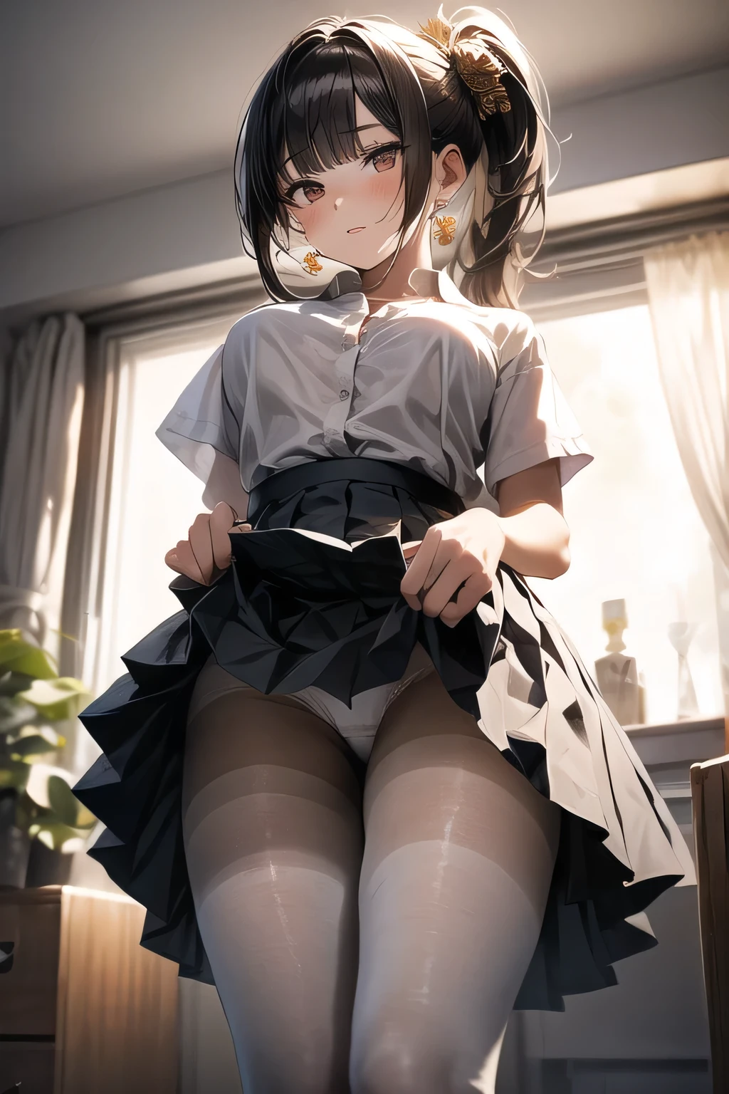 (best quality)), ((masterpiece)), (detailed)),masterpiece, best quality, white shirt, black miniskirt, pleated skirt, dark brown hair, ponytail, long bangs, long hair, bulging big breasts, red eyes, hair ornament, golden earrings, black pantyhose, pantyshot, white panties, panties under pantyhose, upskirt,