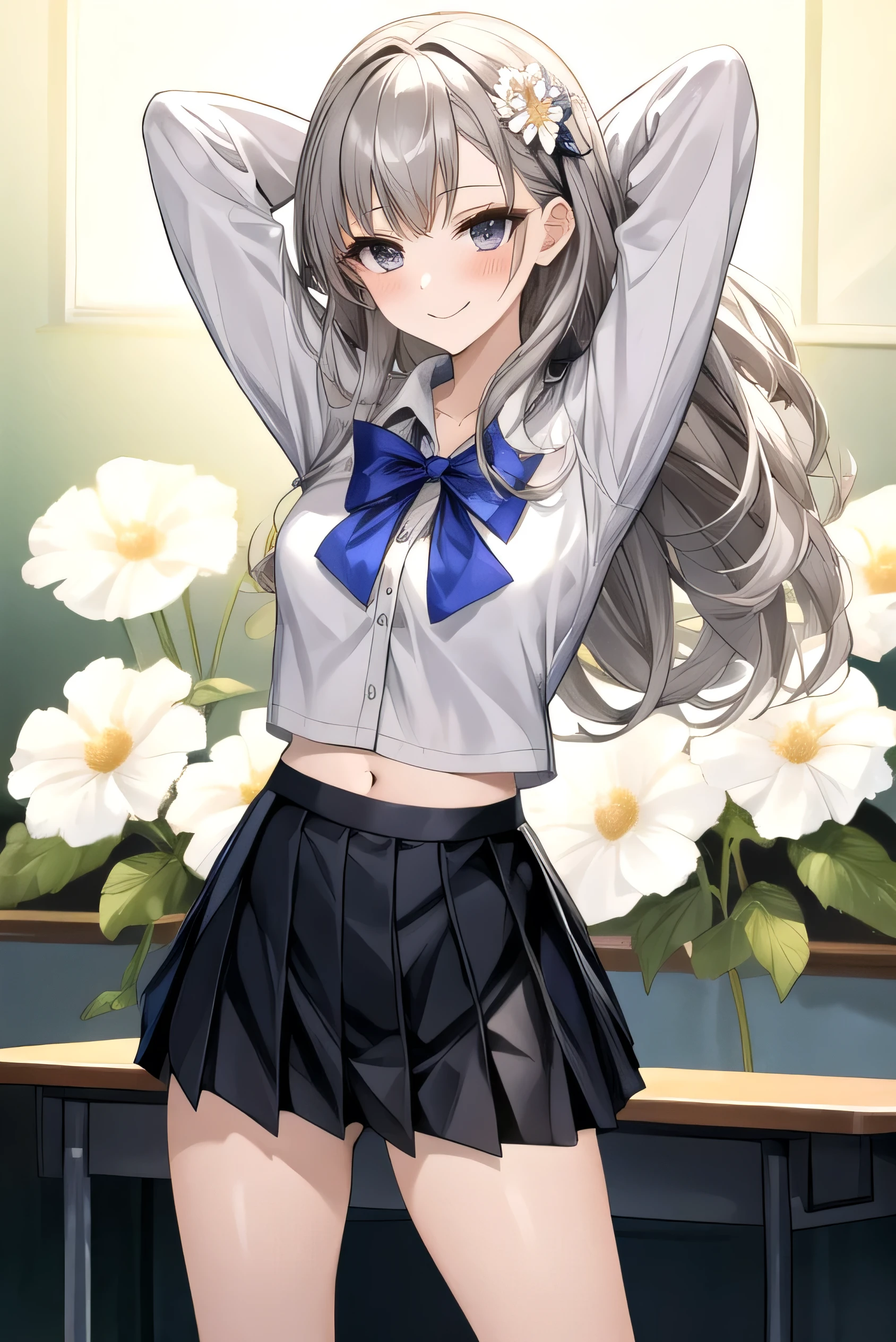 masterpiece, best quality,fuyusaka iori 1, 1girl, solo, hair flower, white shirt, short skirt, pleated skirt, black skirt, hair ornament, flower, long hair, full body, white socks, long sleeves, gray hair, white flower, gray eyes, looking at viewer, classroom background, middle breast, smile, shameful face, loafers, cowboy shot, arms behind head, adult, ecstasy face, cowboy shot, pussy, (standing at spread their legs), stay upright, navel,