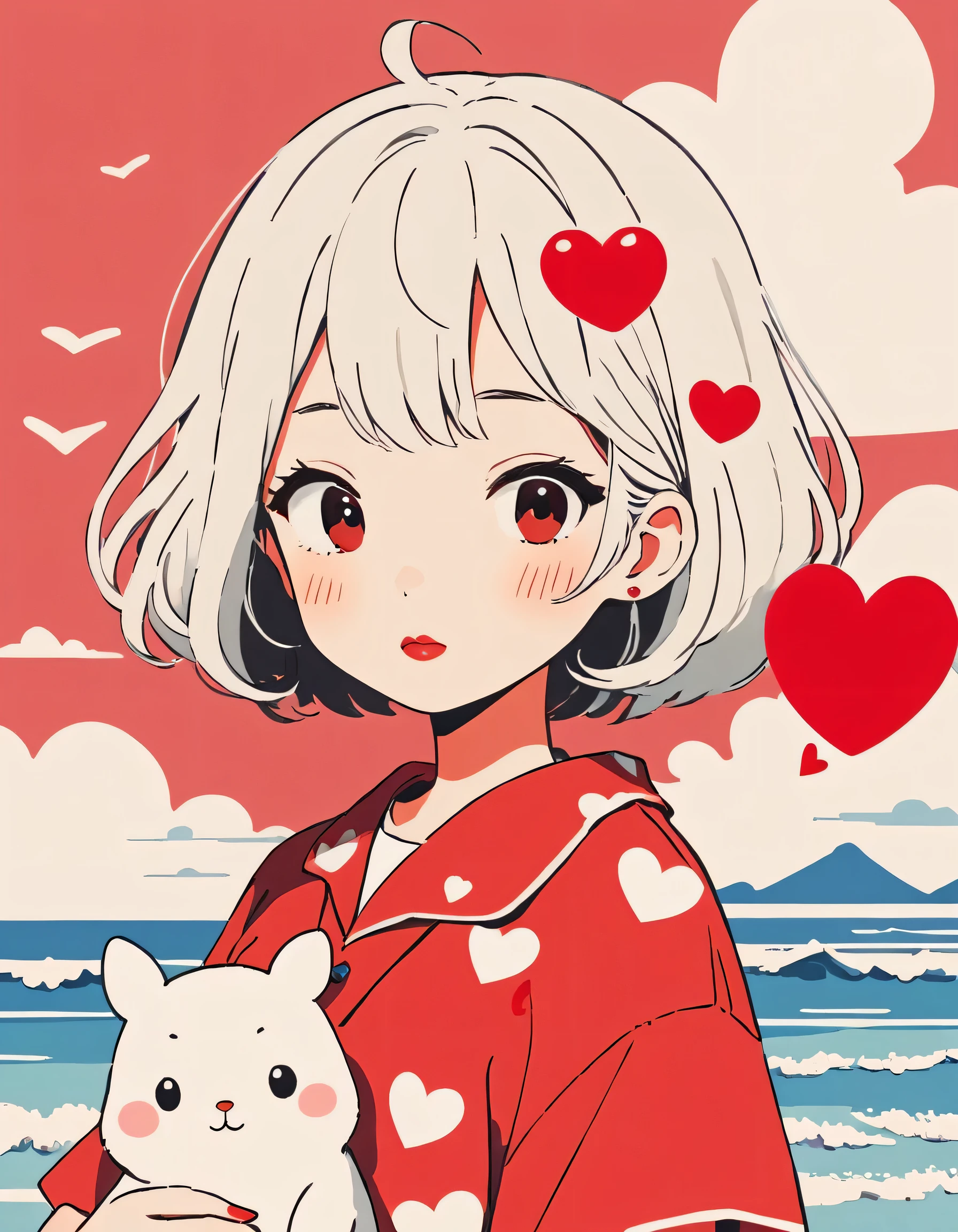 Hayao Miyazaki Red and White style, Simple Line Initialism,Abstract art,Urban Background, (((The most beautiful girl of all time))), Sweet face. Lips in love, colorful hearts, kawaii design, summer beach