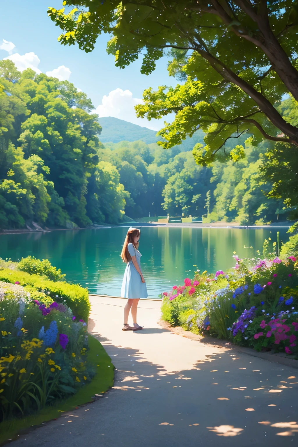 Masterpiece, 4K, Cat ears,
A beautiful high school girl with long flowing hair, wearing a summer dress, enjoying her summer vacation. She is standing in a picturesque setting with a bright blue sky, lush green trees, and colorful flowers in the background. The scene captures a moment of joy and nostalgia, with warm sunlight illuminating her face, and a serene lake or beach in the distance. The overall atmosphere is vibrant, peaceful, and reminiscent of cherished summer memories.