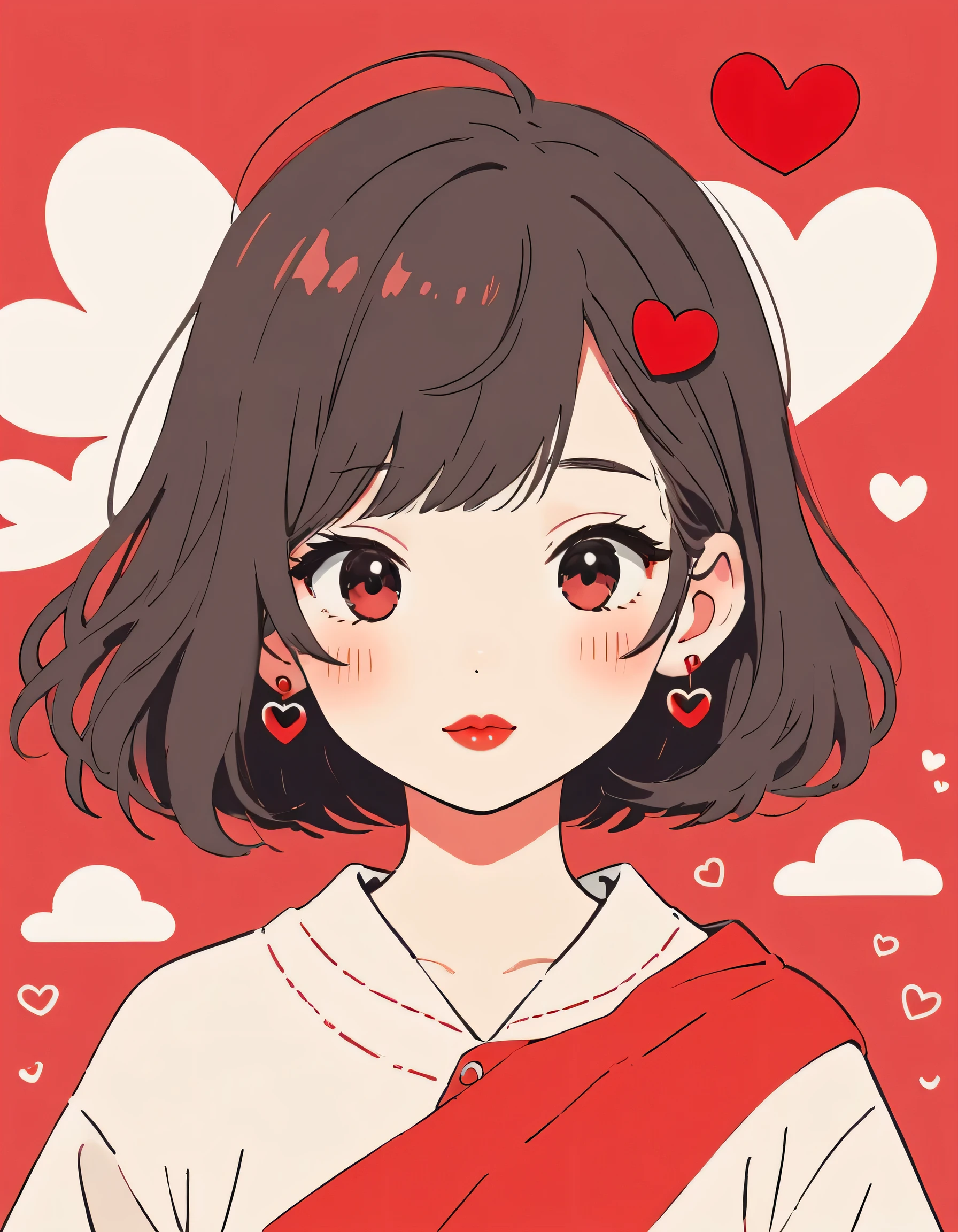 Hayao Miyazaki Red and White style, Simple Line Initialism,Abstract art,Urban Background, (((The most beautiful girl of all time))), Sweet face. Lips in love, colorful hearts, kawaii design, summer beach